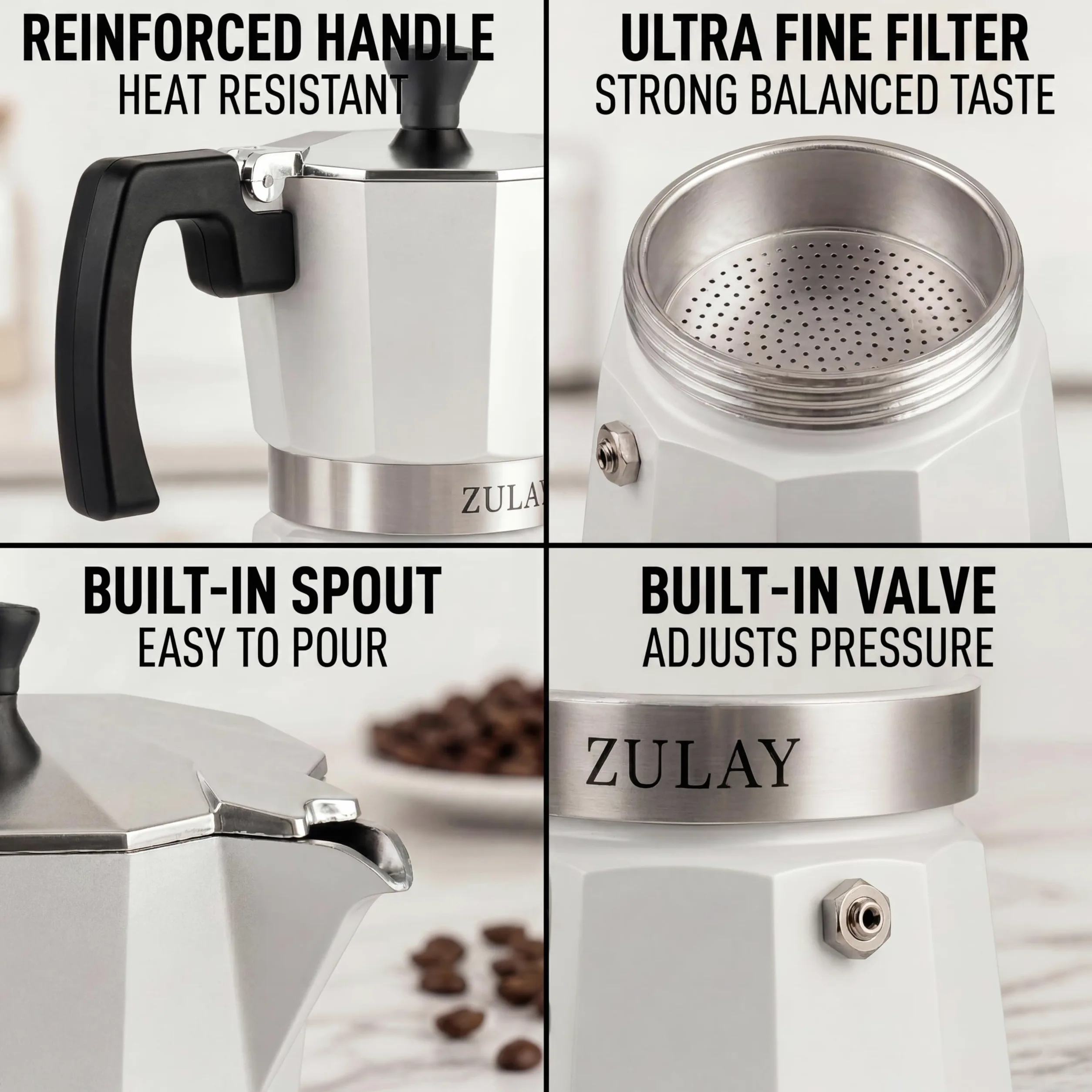 Zulay Premium Moka Pot Espresso - Cafetera espresso a prueba de fugas - Perfecto para auténtico espresso de estilo cubano e italiano - Hace 3 tazas de espresso, color blanco
