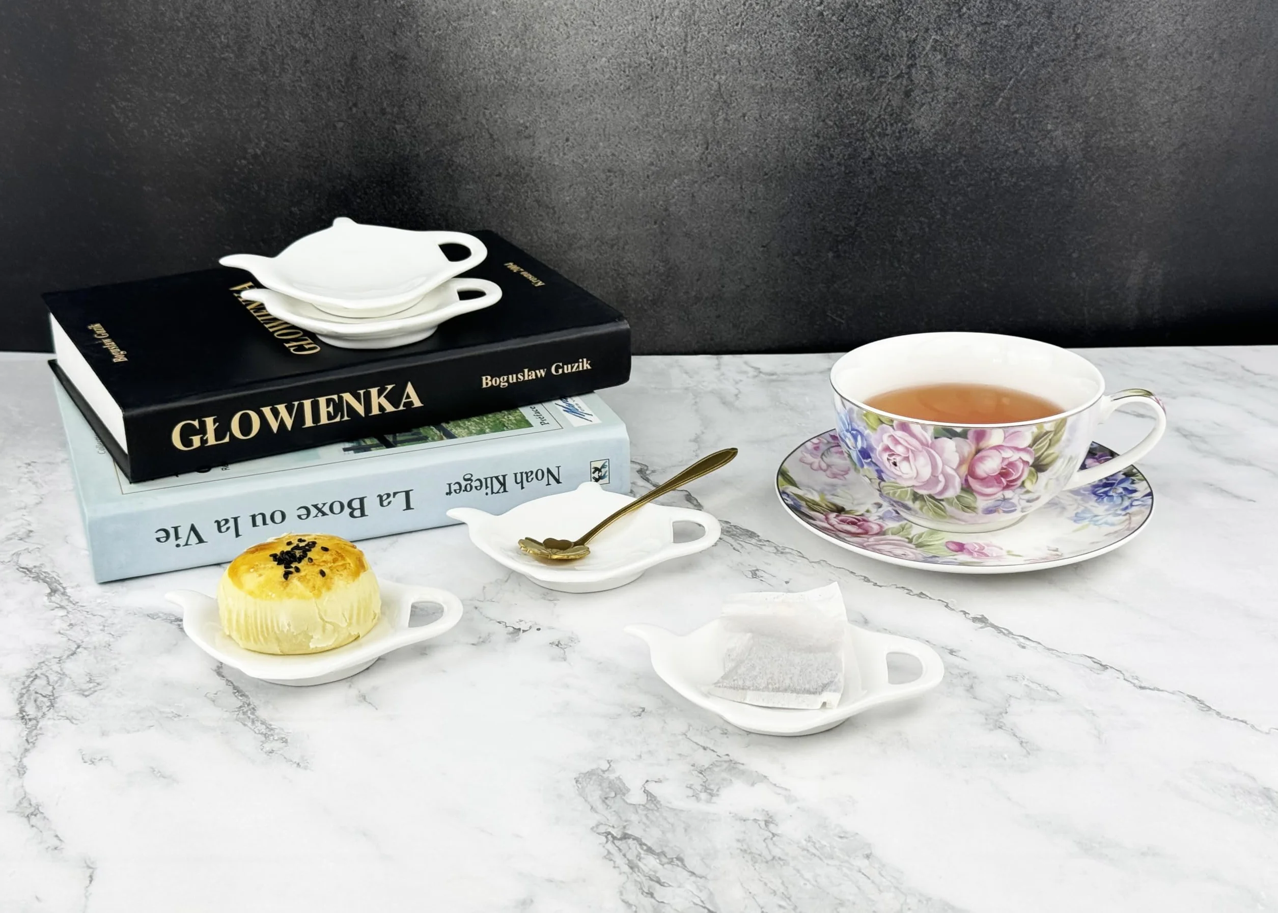 Plato de porcelana blanca para bolsitas de té, cinco posavasos para bolsas de té, soporte para bolsas de té usado, almohadilla clásica para reposar cucharaditas, plato de aperitivos, regalos
