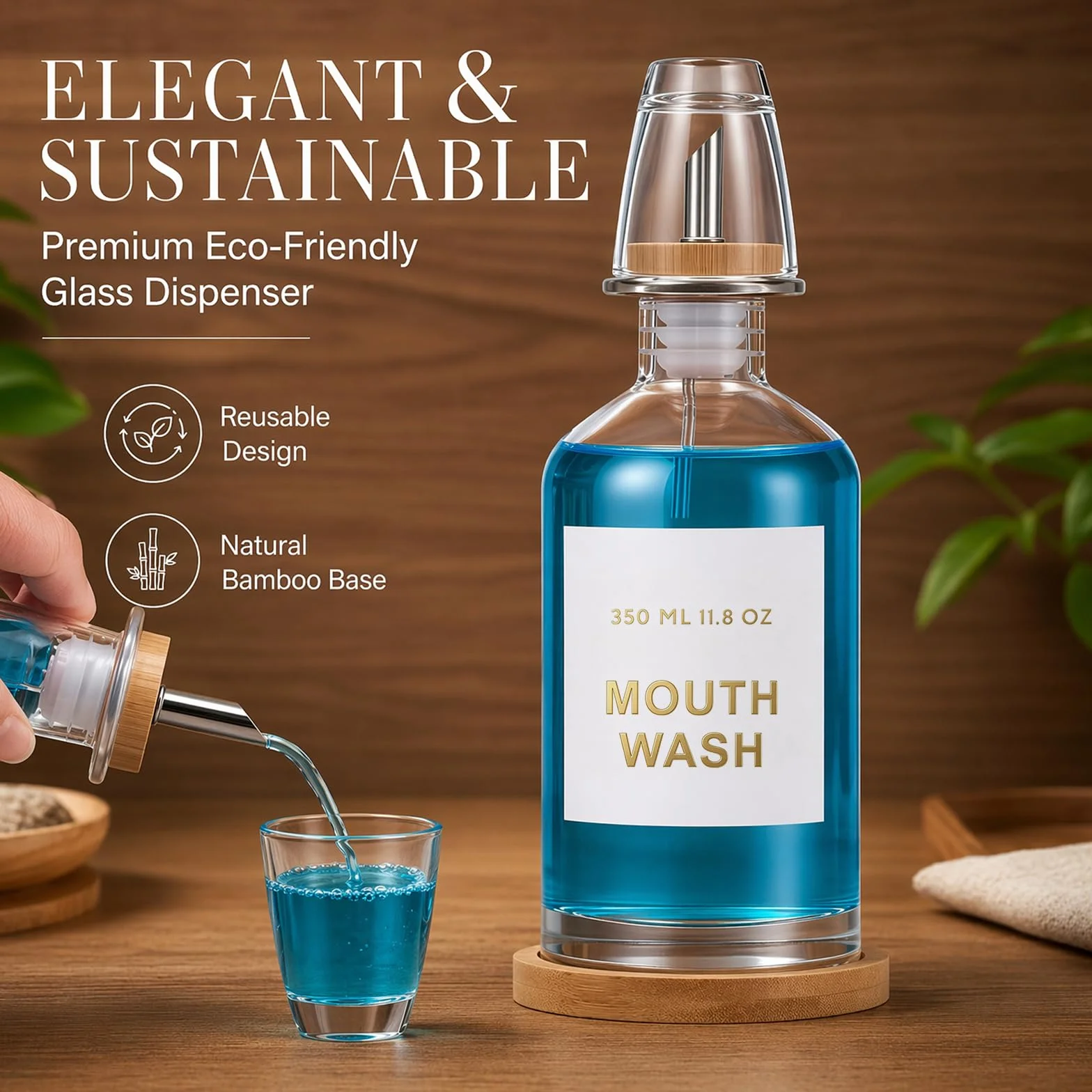 Dispensador de enjuague bucal de 350 ml, dispensador de vasos con bandeja de bambú, embudo de acero inoxidable, pegatinas, vaso de cristal, para baño, manual, antigoteo, vidrio de calcio de