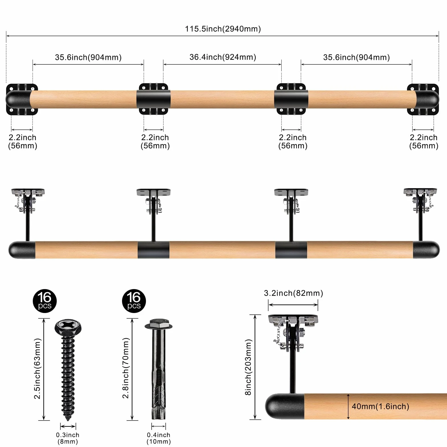 BeneLabel Barra de Ballet Ajustable de Madera Montada en la Pared con Soporte de Metal para Ejercicios