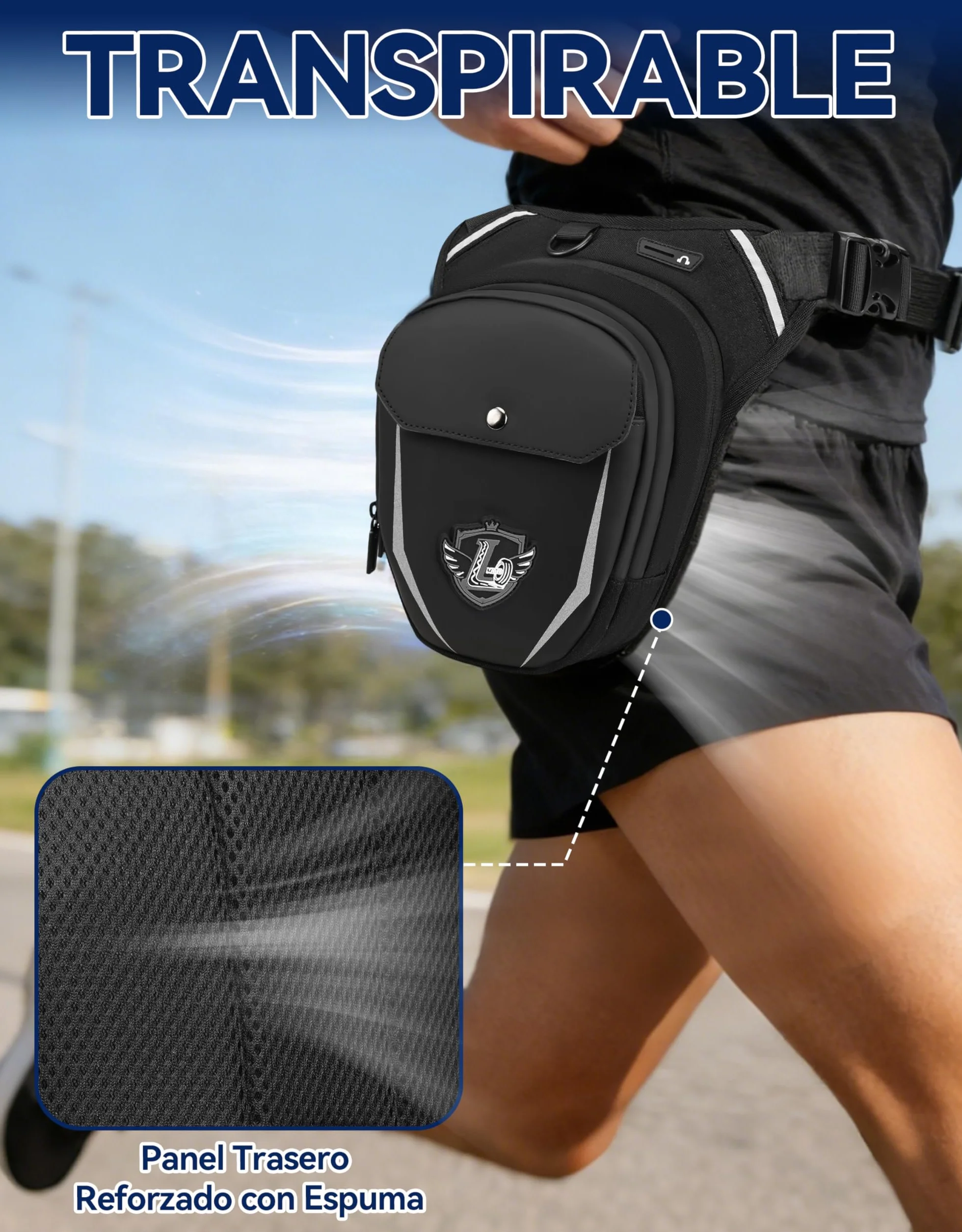 Leathario Riñonera Pierna Impermeable Multifunción Moto con Correas Ajustables y Mosquetones Negro