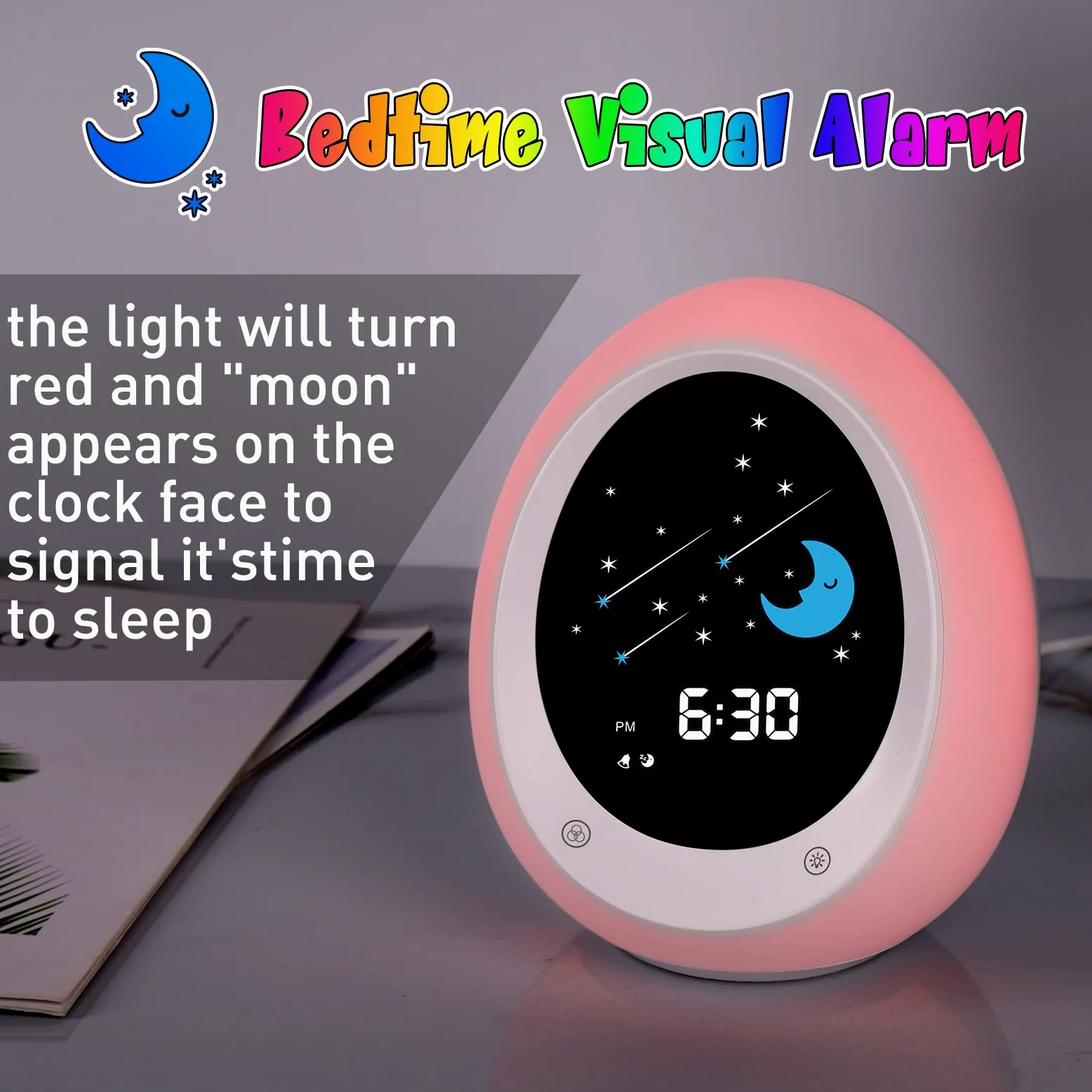 Reloj despertador para niños, reloj de entrenamiento para dormir con sol y luna, máquina de sonido, luz nocturna, reloj despertador para niños