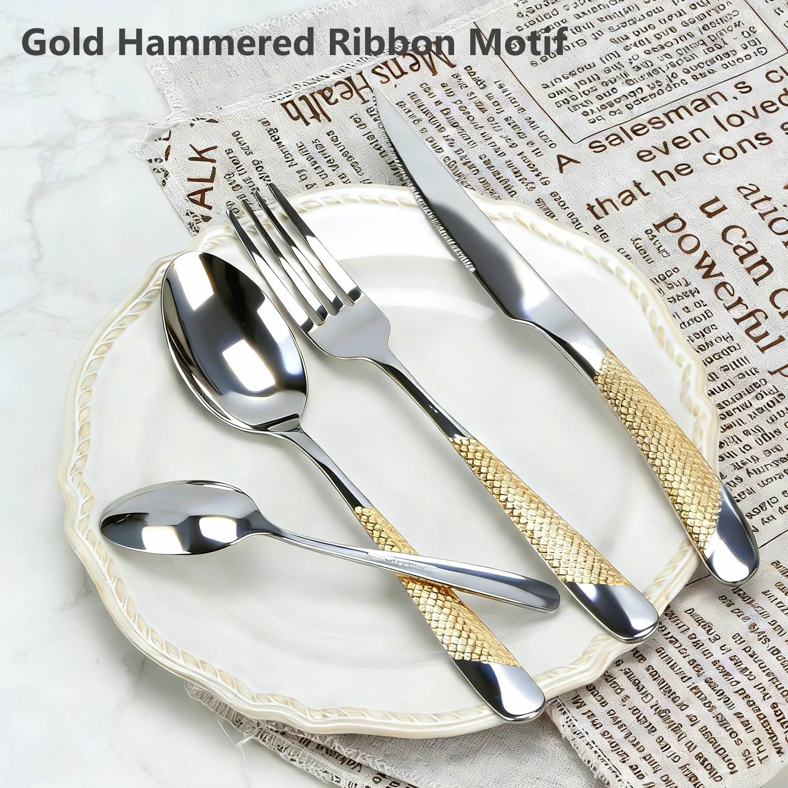 Juego de 24 cubiertos dorados – Cubertería de acero inoxidable para 6 personas con cuchillo, tenedor, cuchara, acabado espejo y apto para lavavajillas, diseño de lazo dorado
