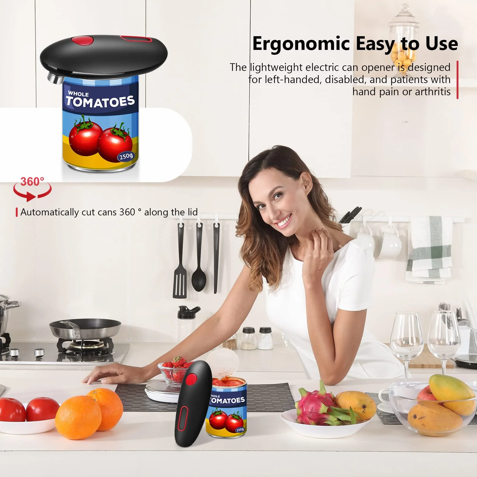 Abrelatas eléctrico, abrelatas automático One Touch 360 ° Rotación Automática Stop Utensilios de cocina para cocineros, personas mayores, niños y batería lesionada, por favor, pida por separado