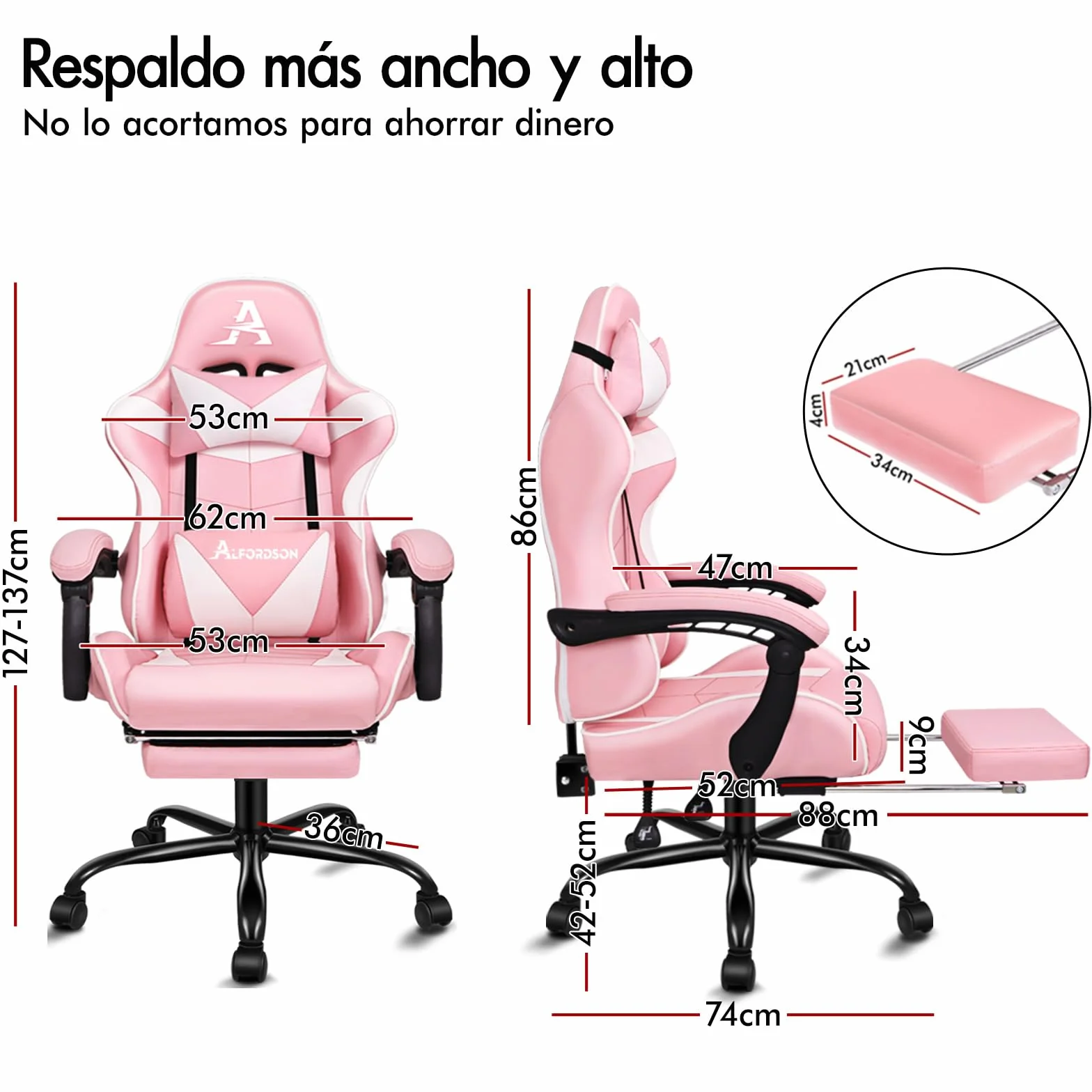 ALFORDSON Silla Gaming Escritorio con Masajeador, Silla Gamer Ergonómica Cojín Lumbar y Cervical, Reposapiés Retráctil, Ruedas Giratorias 360°, para Oficina, Videojuego, Ordenador, Cuero PU(Rosa)