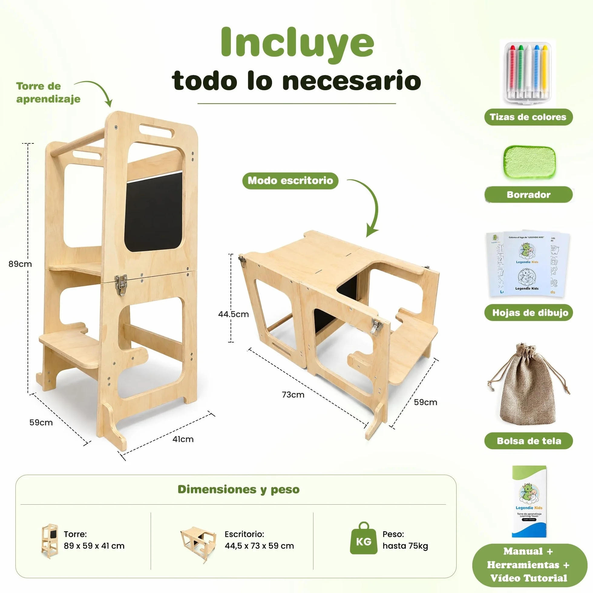 Torre de Aprendizaje Plegable 3 en 1 Madera Natural Mesa Montessori 2 Años