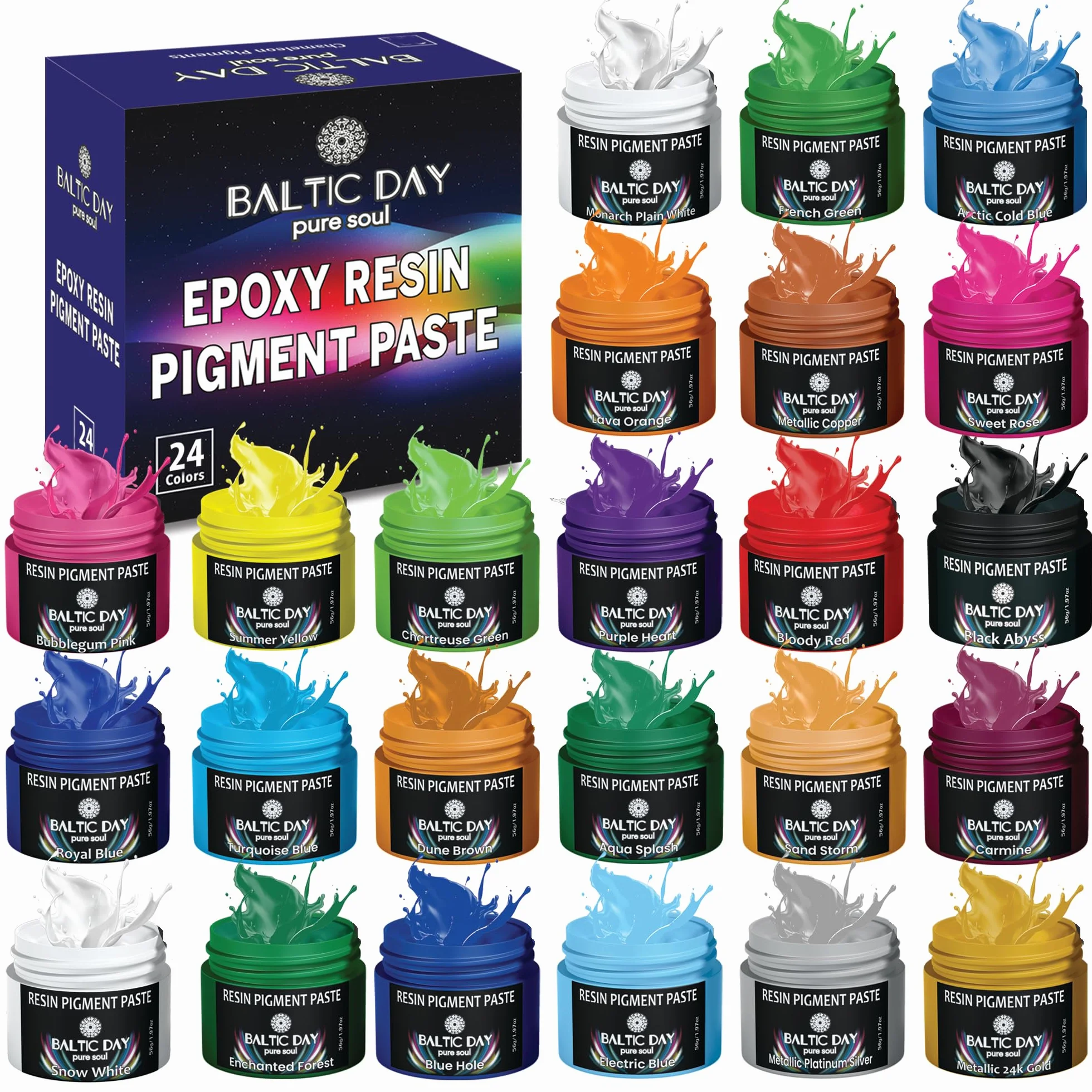 BALTIC DAY Pasta de pigmento de 24 colores para juego de resina epoxi, pigmento epoxi opaco, pasta de tinte epoxi y polvo de mica de alta concentración para arte de resina, joyas, vasos, posavasos y