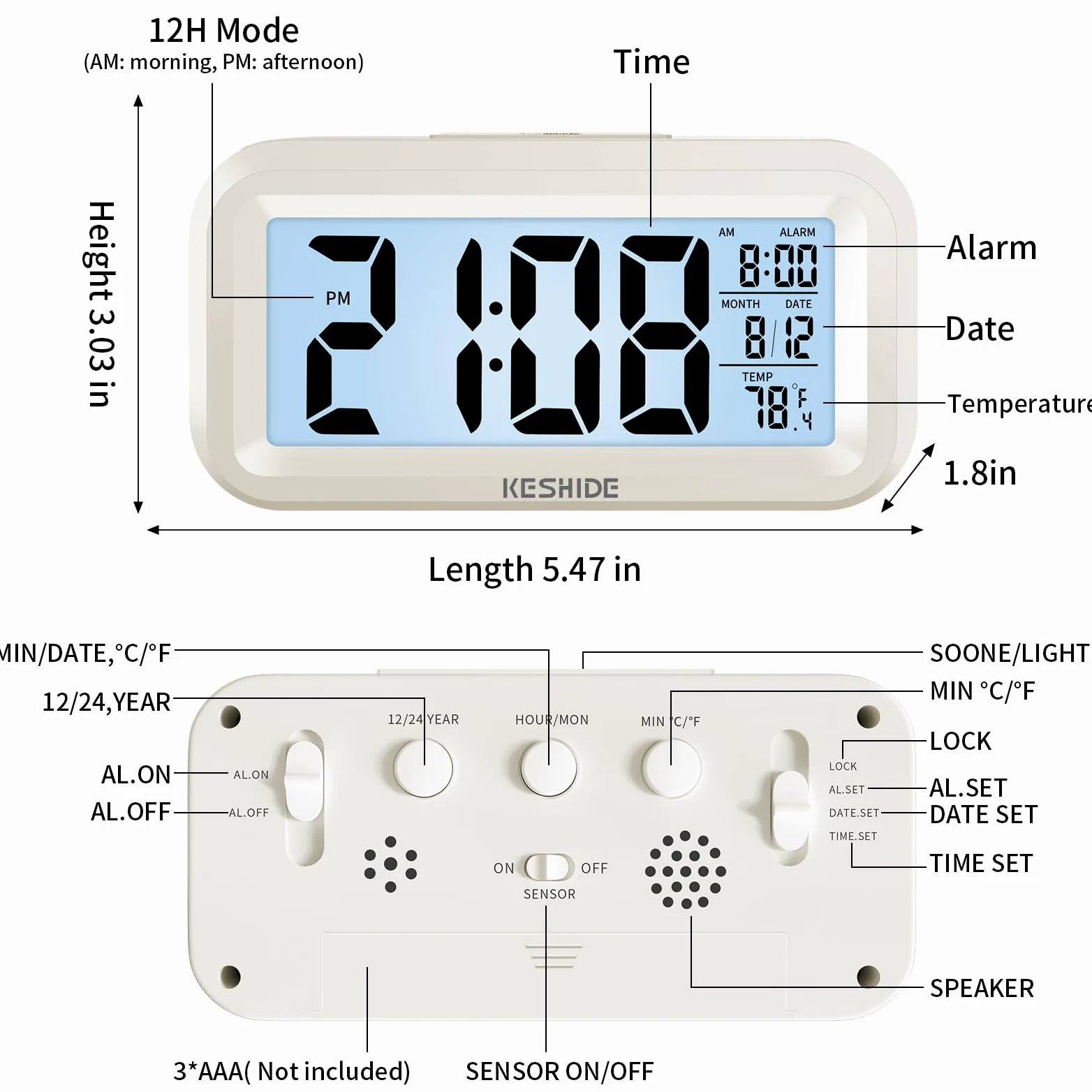Reloj despertador digital con luz nocturna, funciona con pilas con temperatura interior, reloj pequeño de escritorio, modelo de repetición, pantalla de 12/24 horas para dormitorios, niños que