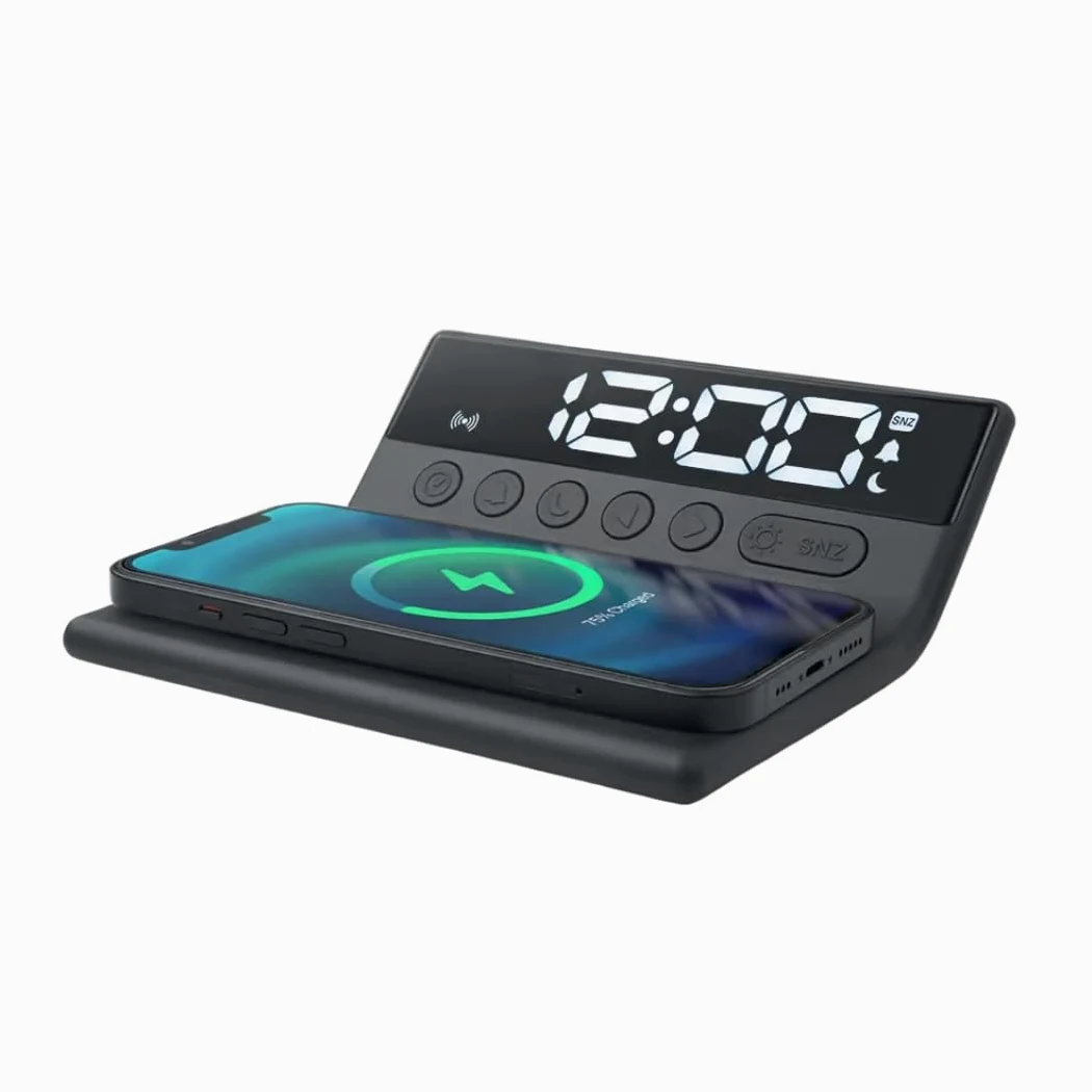 Muse M-168WI / Reloj + Cargador DE INDUCCIÓN. Reloj Digital con Display Grande. Alarma, Carga por inducción, Funcion Siesta, dimer y Snooze. Color Negro