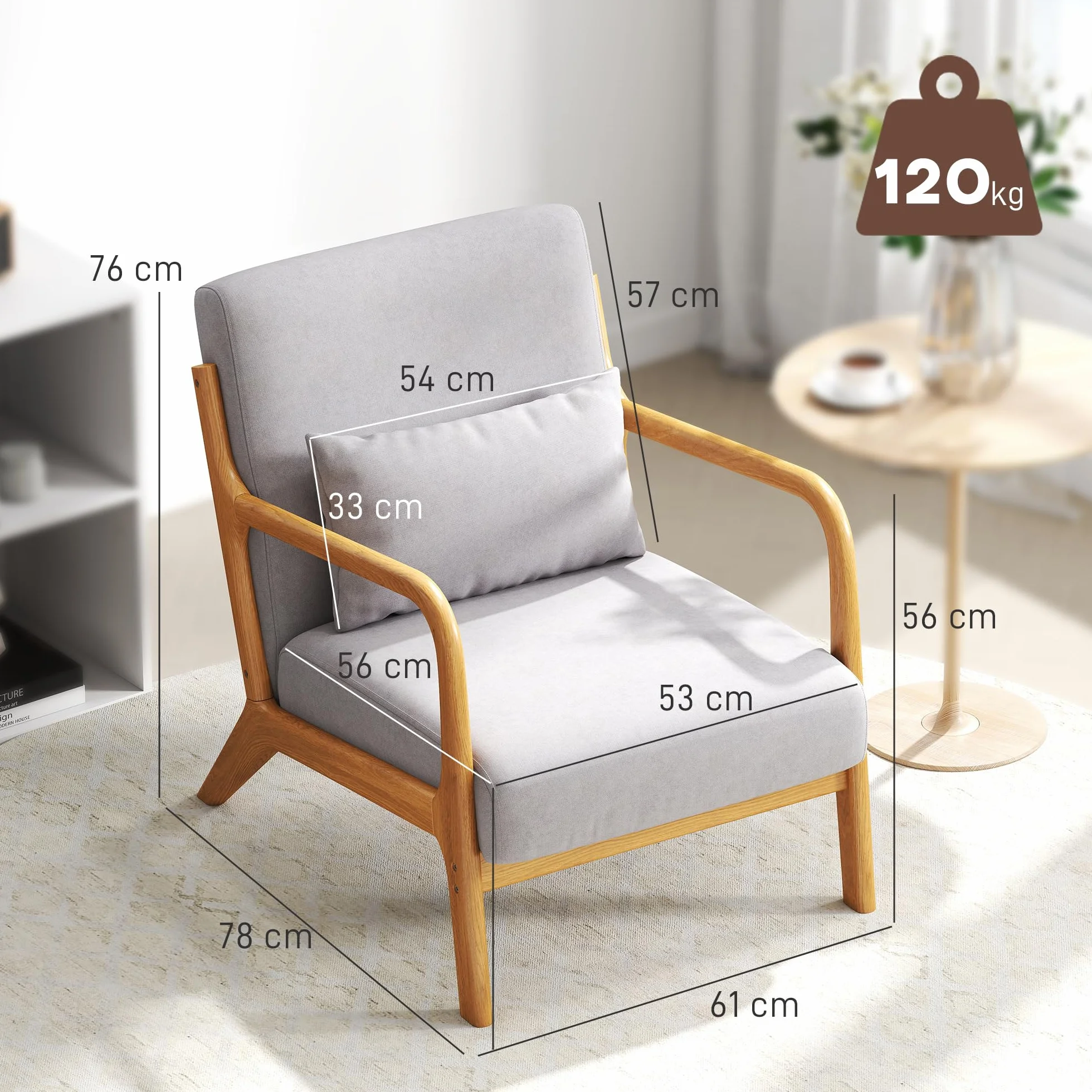 HOMCOM Butaca de Salón Butaca Nórdica Sillón de Salón con Reposabrazos Cojín y Marco de Madera de Caucho para Dormitorio Carga 120 kg 61x78x76 cm Gris
