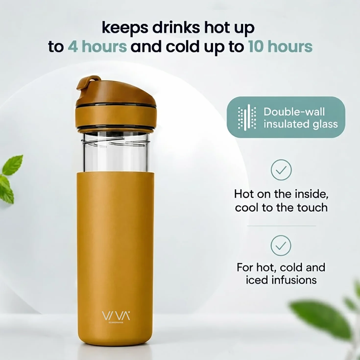 VIVA Recharge Botella Infusora de Te de Viaje, Acero, 460 ml | Acero inoxidable aislado con infusor extraible, hermetica, te en hojas frio o caliente