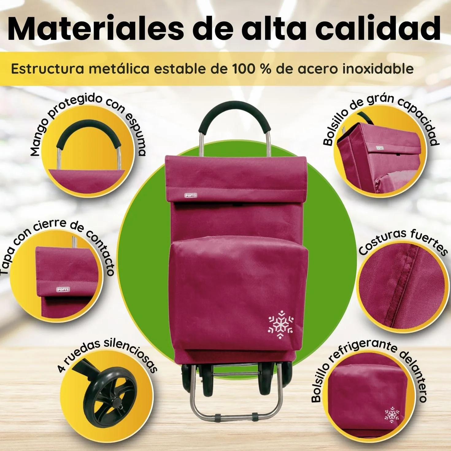 Carro de la Compra 50L con Compartimento Refrigerante y Gancho, 4+2 Ruedas Ideal Supermercado Granate