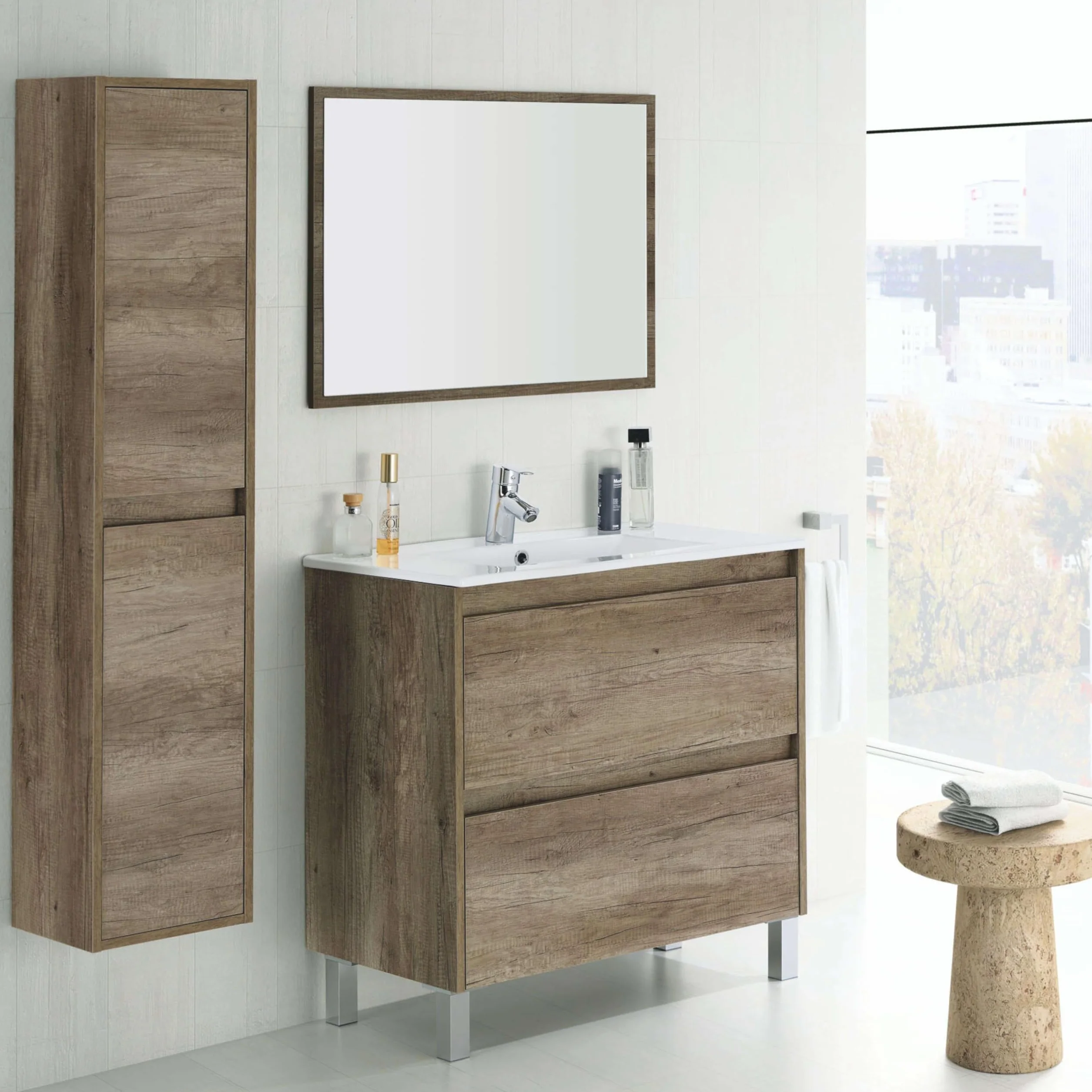 Mueble Lavabo CERÁMICO con 2 CAJONES + Espejo + Columna 2 Puertas