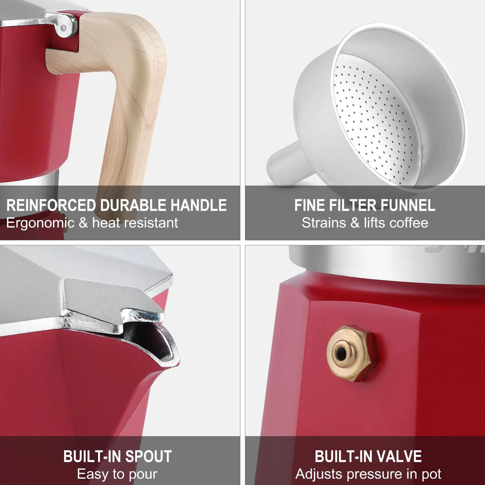 Sivaphe Olla Moka de aluminio con 3 tazas de espresso, cafetera y espresso percoladora, cafetera portátil italiana y cubana para el hogar y camping, color rojo