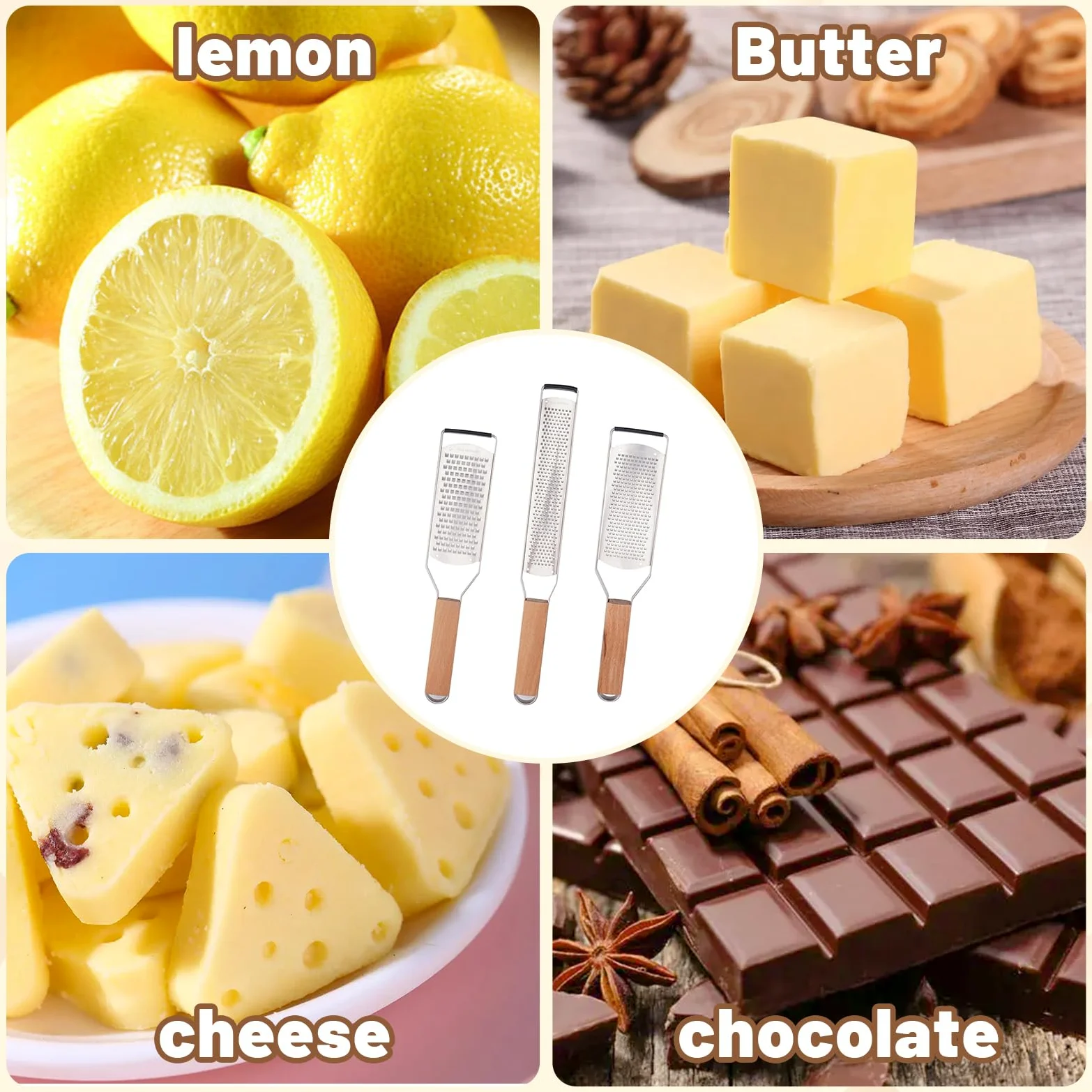 SHIKORI Ralladores de queso profesionales de acero inoxidable para cocina, rallador de limón de metal con mango de madera para queso, chocolate, especias, utensilios de cocina y herramientas, agujero