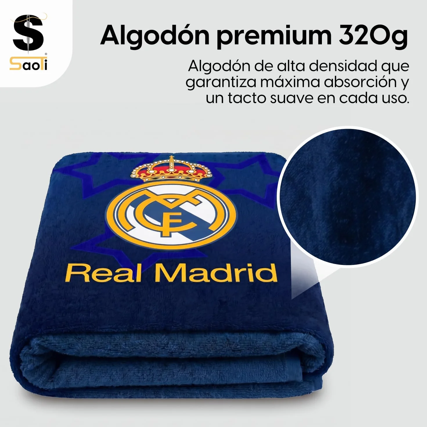 SaoTi Toalla Baño Grande Algodón 320g 75x150 cm - Toallas Ducha Ultra Absorbentes Gimnasio - Toallas Playa Fútbol Equipo Merengue Secado Rápido Adulto