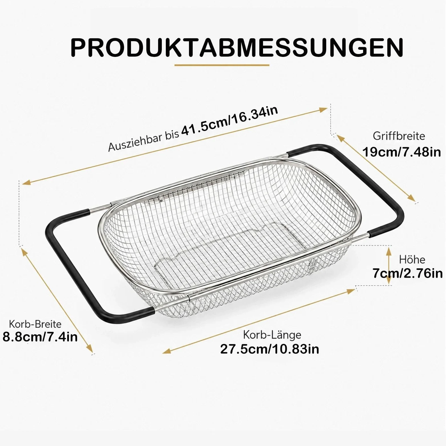 Colador de cocina extensible 27 x 18 x 11,5 cm (27 x 18 x 11,5 cm), colador de acero inoxidable para escurrir, lavar frutas y verduras
