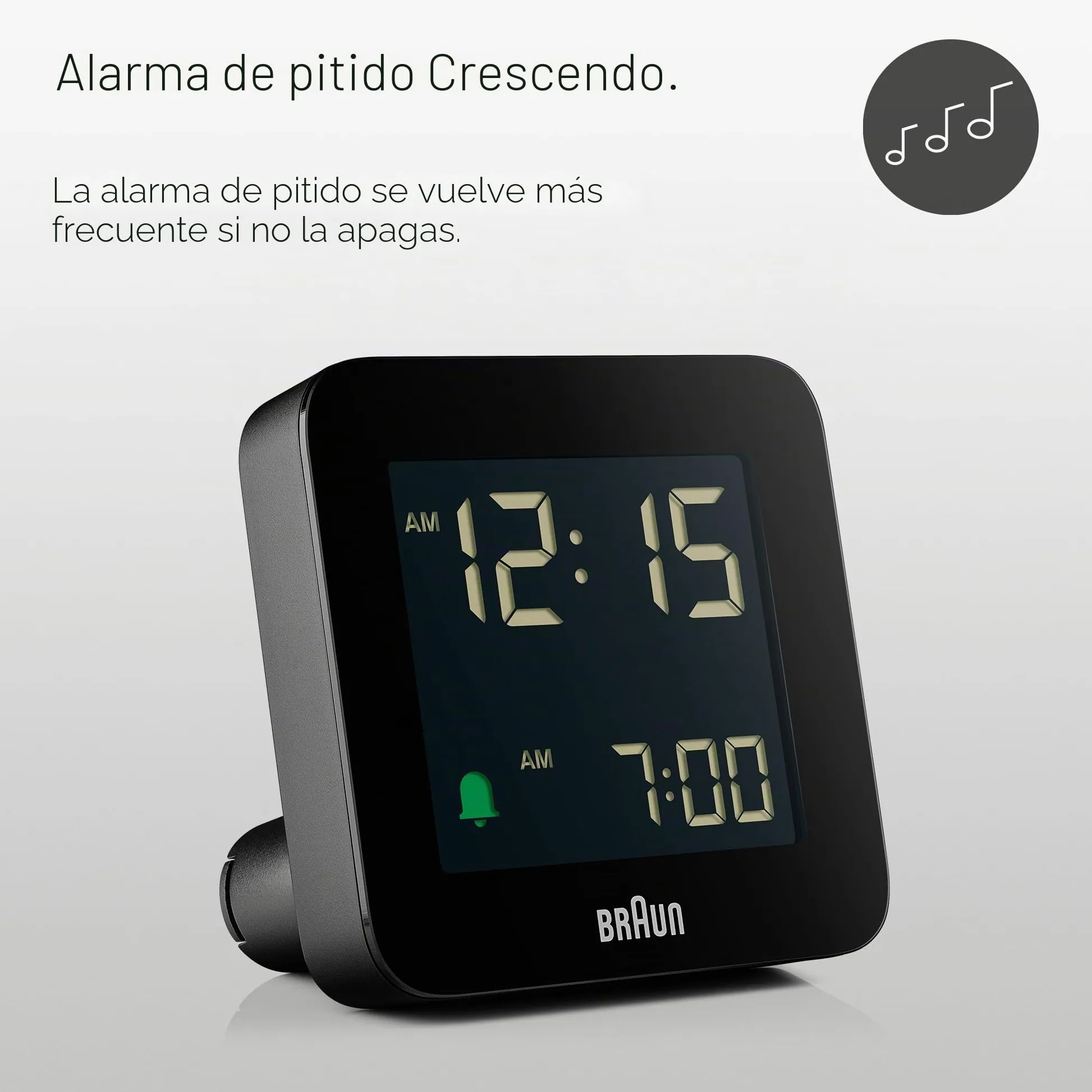 Braun Reloj Despertador Digital Snooze, Pantalla LCD Negativa, configuración rápida, Alarma Crescendo Beep en Negro, Modelo BC09B