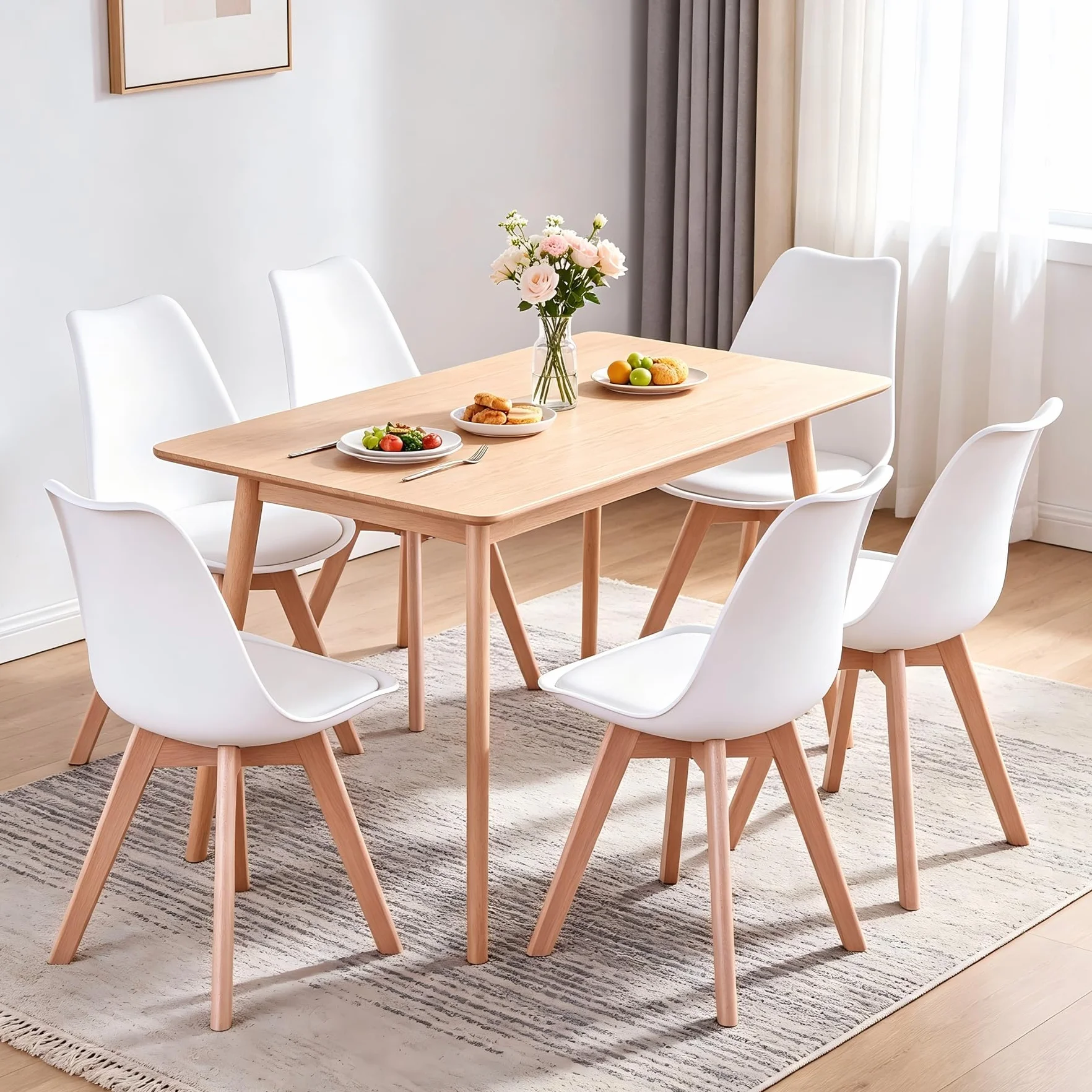 Juego de 6 Sillas de Comedor con Asiento Tapizado y Patas de Madera de Haya, Ideal para Comedor, Cocina, Salón, Dormitorio, Blanco