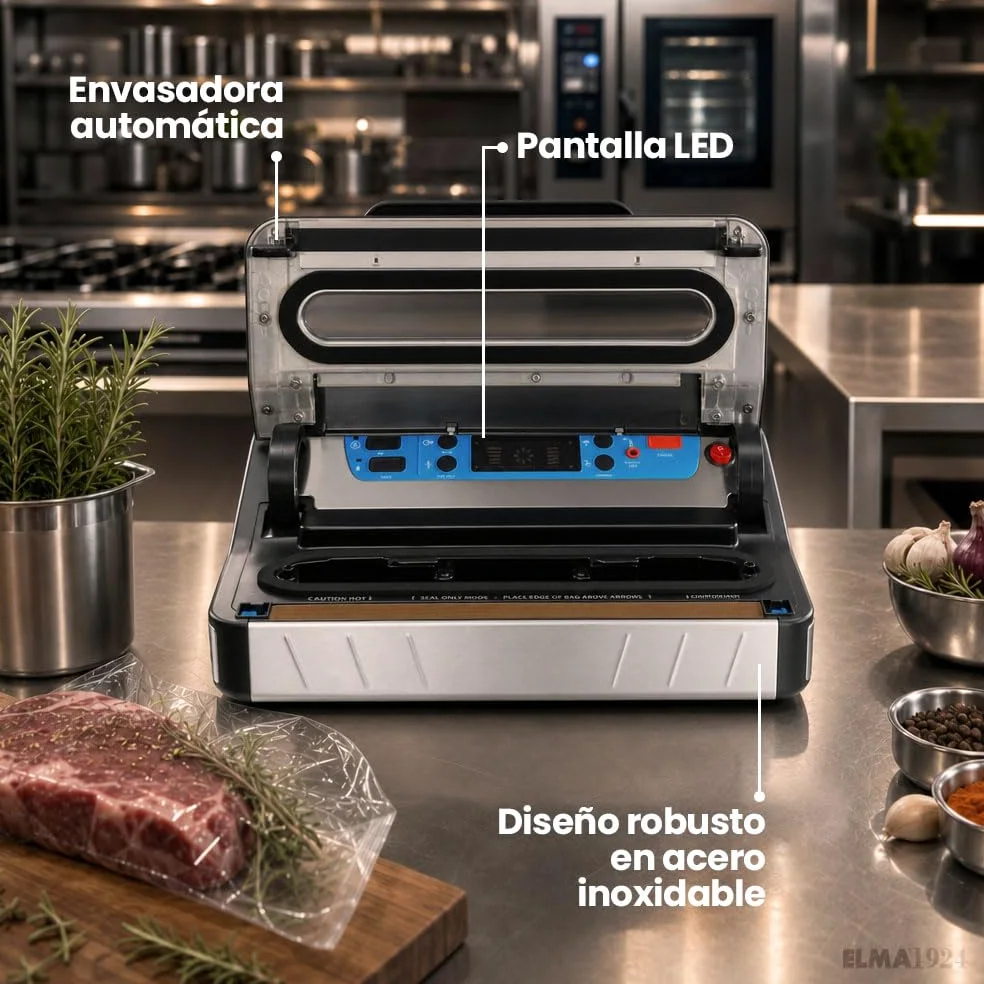 ELMA Envasadora al Vacío Profesional Digit Free | 20 L/min | Acero Inoxidable | Pantalla LED | Sellado MOIST para Húmedos, Función Marinado | Portarrollos con Cutter | Uso Intensivo