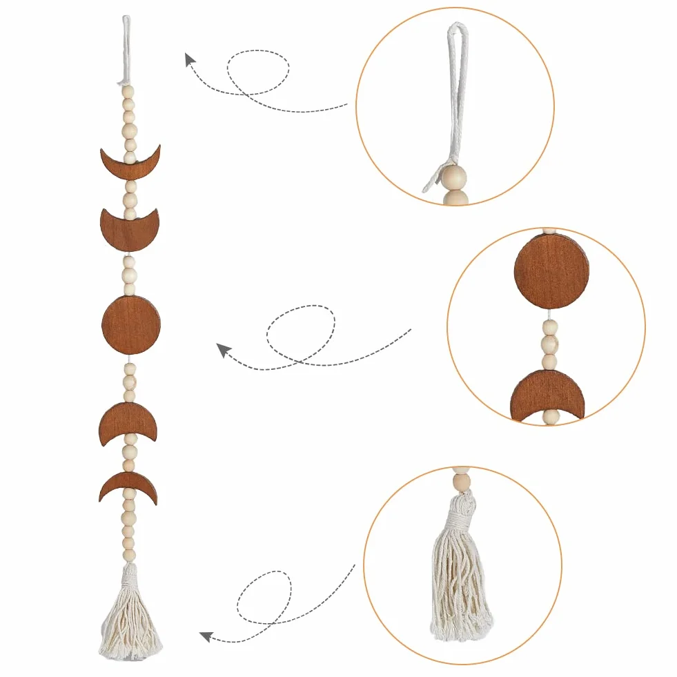SUPERFINDINGS Colgante de Pared de Fase Lunar de Camello con Cuentas Guirnalda de Borlas de Estilo Étnico Bohemio Decoración de Pared Plana de Madera