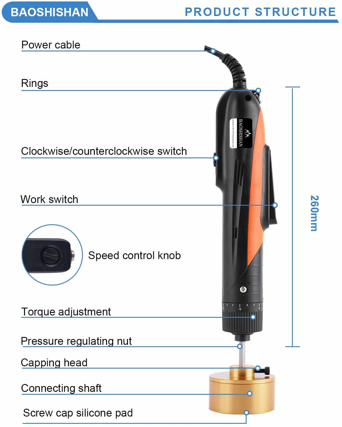 BAOSHISHAN Máquina taponadora eléctrica de botella con control de velocidad, tapadora de tornillo de mano, velocidad de 500-1000 RPM para tapas de botellas de 10-50 mm