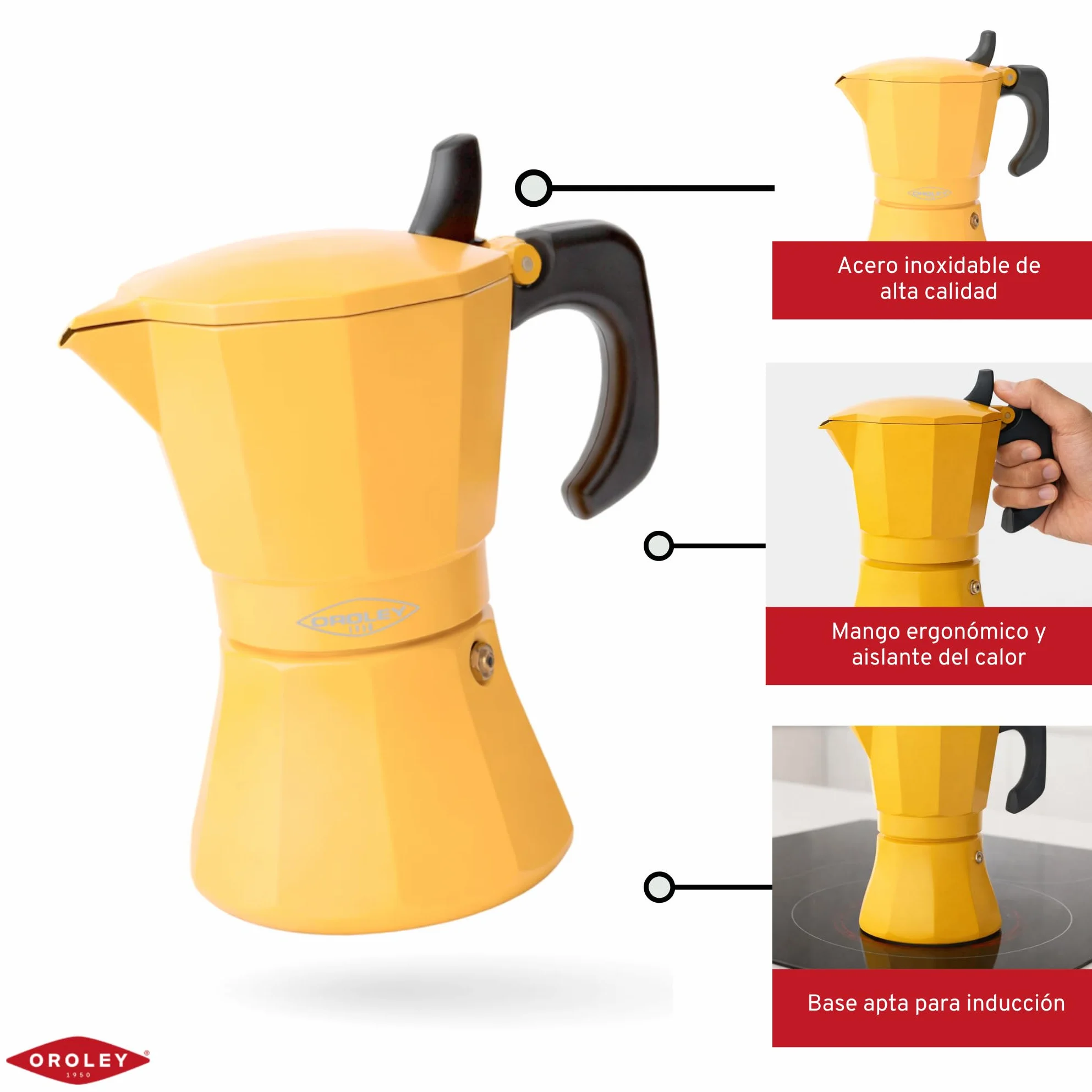 Oroley - Cafetera Italiana Petra | Base de Acero Inoxidable | Cafetera Inducción, Vitrocerámica, Fuego y Gas | Estilo Tradicional (Mostaza, 6 Tazas)