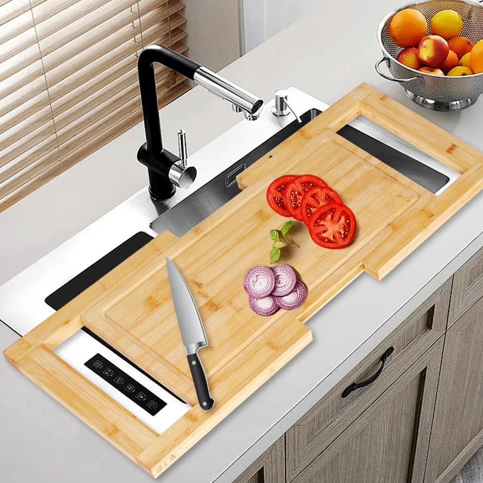 Tabla de cortar sobre el fregadero: tablas de cortar expandibles, tabla de bambú extra grande, cubierta para fregadero de cocina, espacio para encimera para preparar comidas, bandeja de servir queso y