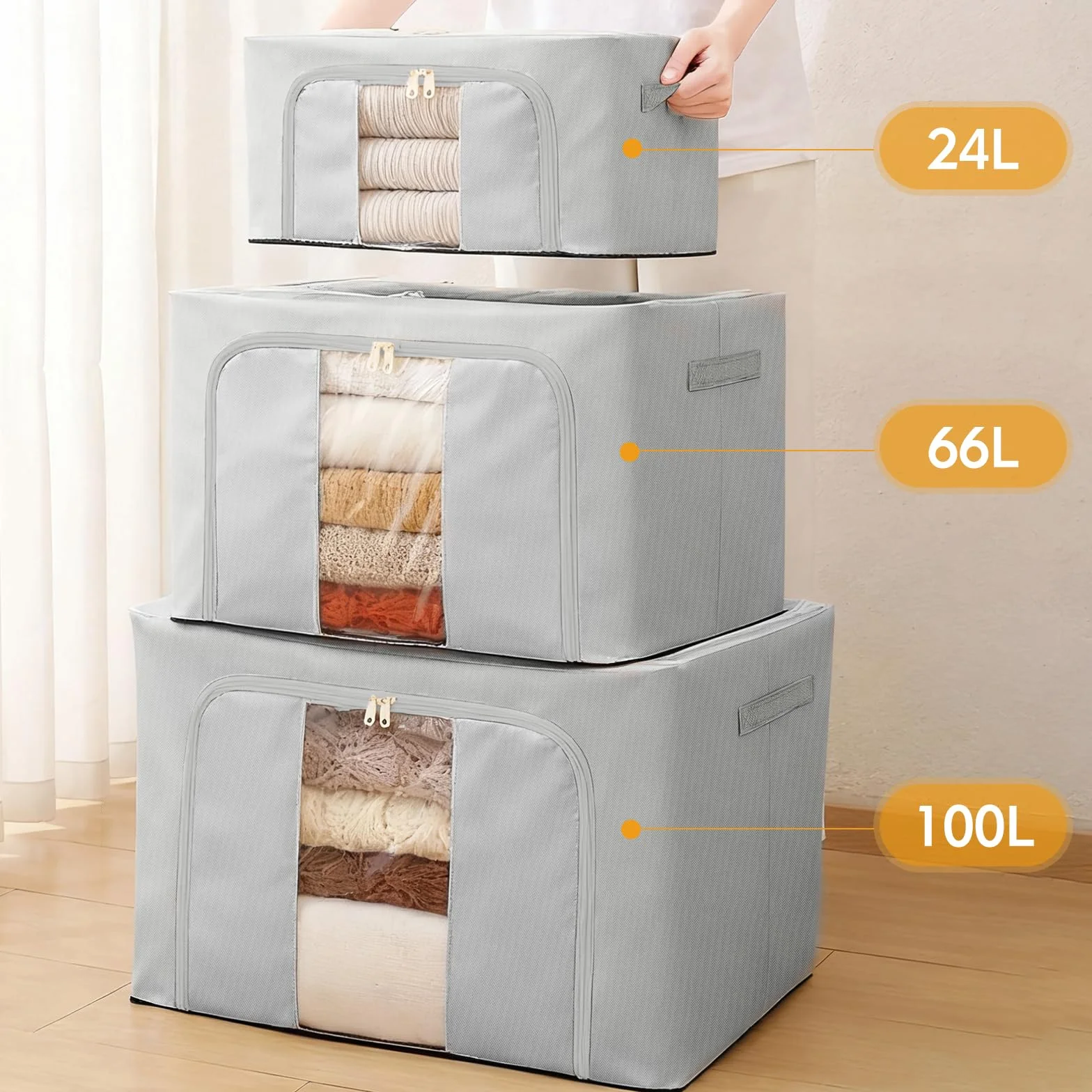 AIOR 2pcs Bolsa de Almacenamiento de Ropa con Estructura Metálica Plegable, 24L Tela Oxford Cajas de Almacenaje Ropa, Organizador Guardar para Juguetes Mantas