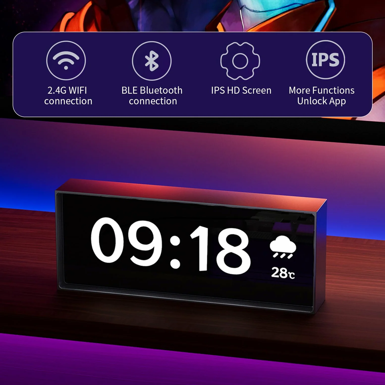 Reloj despertador digital con LED, reloj despertador digital con clima, reloj de tubo con control de aplicación, 5 modos de visualización de la hora, pantalla de fotos personalizada, reloj