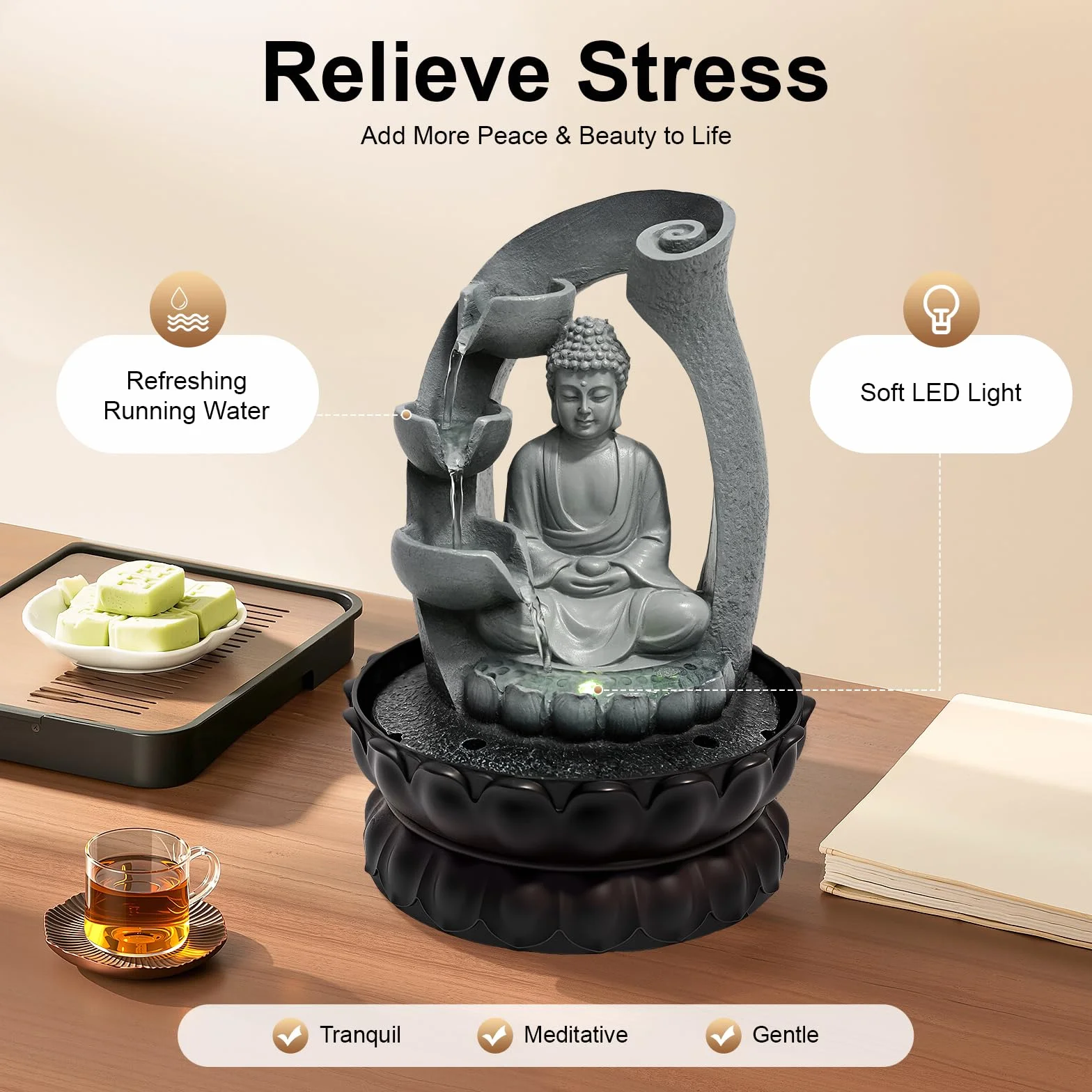 Fuente de mesa de Buda, sala de estar, relajación, meditación, iluminación LED, cascada, Feng Shui, fuente decorativa compacta para el hogar y la oficina, 30 x 22 x 22 cm, decoración zen