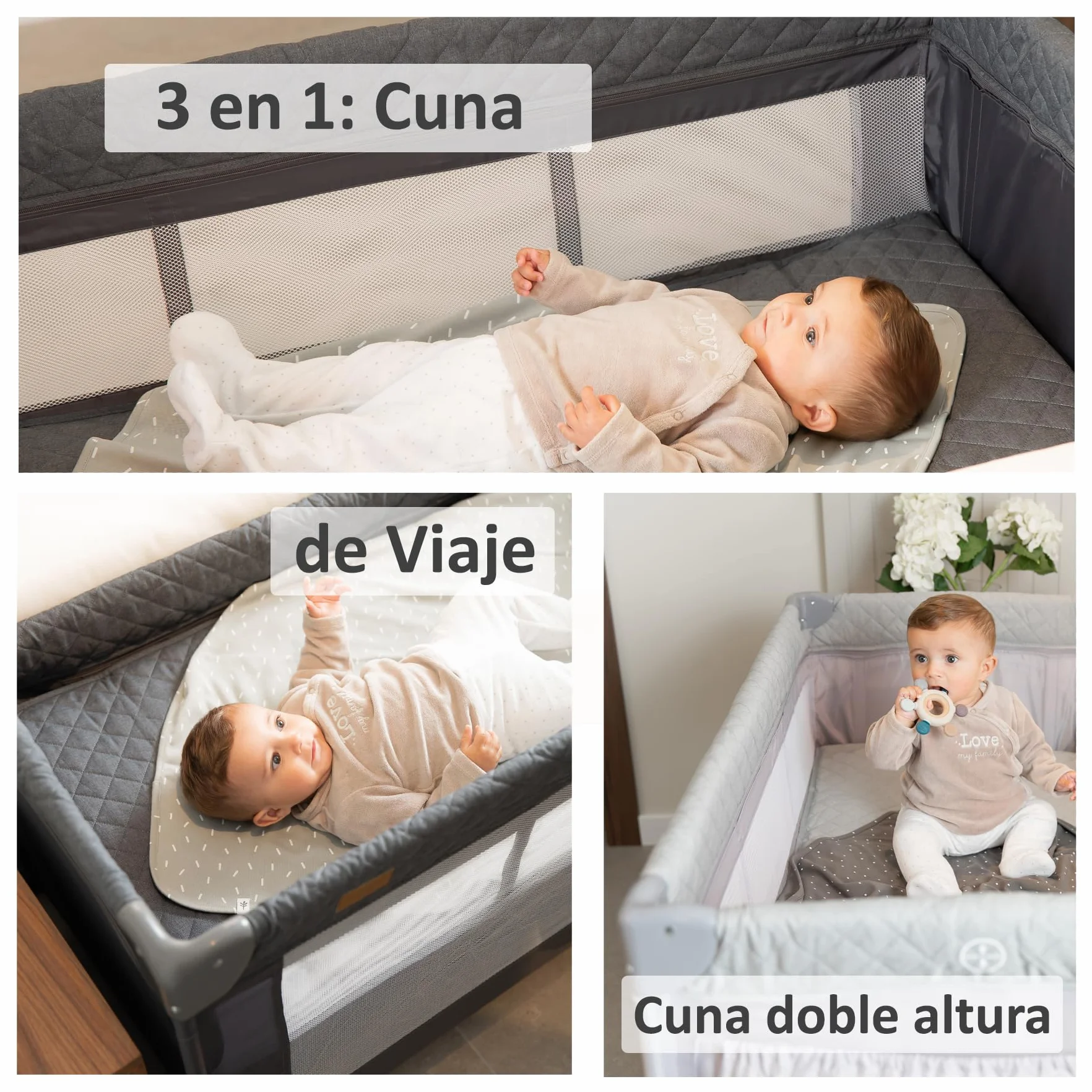 Cuna de Viaje Colecho 3 en 1 Trend Cun con Mosquitera 0-3 años (0-15kg) Plegable, Doble Altura, Lateral Abatible, Parque de Juegos, Bolsa de Transporte Gris Claro