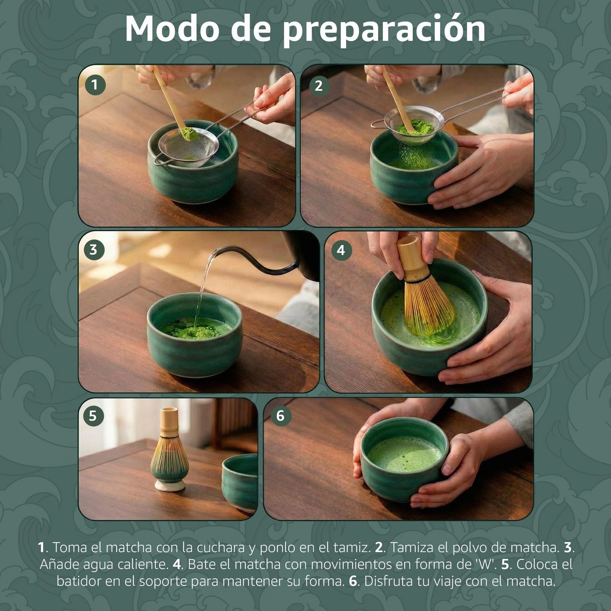 Te Matcha Kit Ceremonial Completo 8 Piezas – Bowl Cerámica 500 ml, Batidor Bambú Natural y Tamiz de Malla Fina – Kit Te Matcha Premium para Preparar Té Matcha Tradicional Japonés