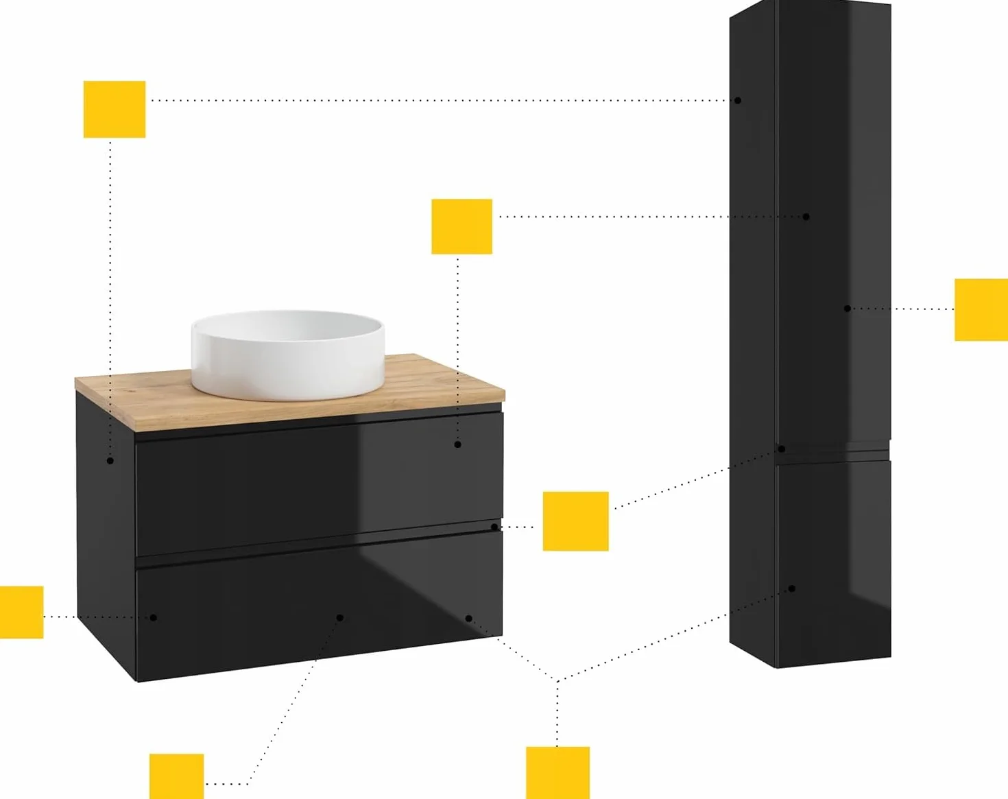 .Deftrans Armario Inferior para Lavabo Colgante con cajones, Color Negro, 80 x 50 x 46 cm, Armario de Pared sin Placa de Lavabo