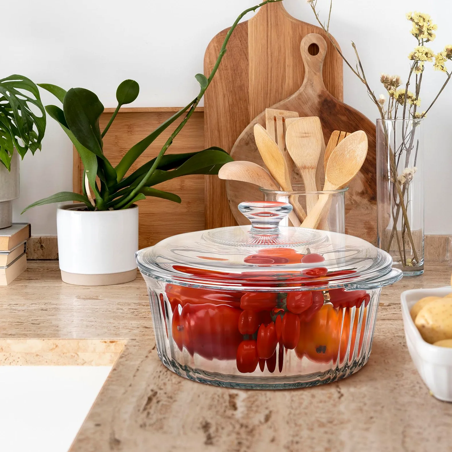 Zerodeko Cazuela de Vidrio Redonda 2, 4 L con Tapa de Acero Resistente | Transparente, Cocción Segura y Calor Uniforme, para Horno y Cocina, Pieza Estética de 2, 4 L
