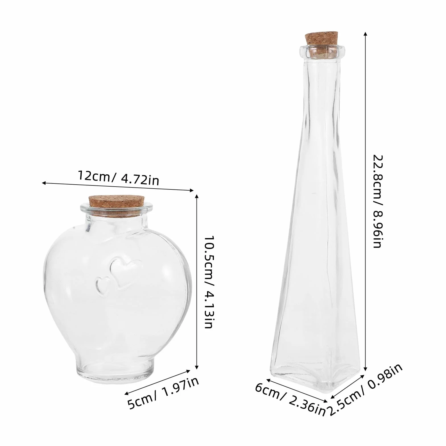Genérico Botellas de Deseos en Forma de Corazón Prismático para Ceremonia de Arena de Boda, Frascos Decorativos de Vidrio Tapa de Corcho, 3 Piezas para Ritual de Aniversario