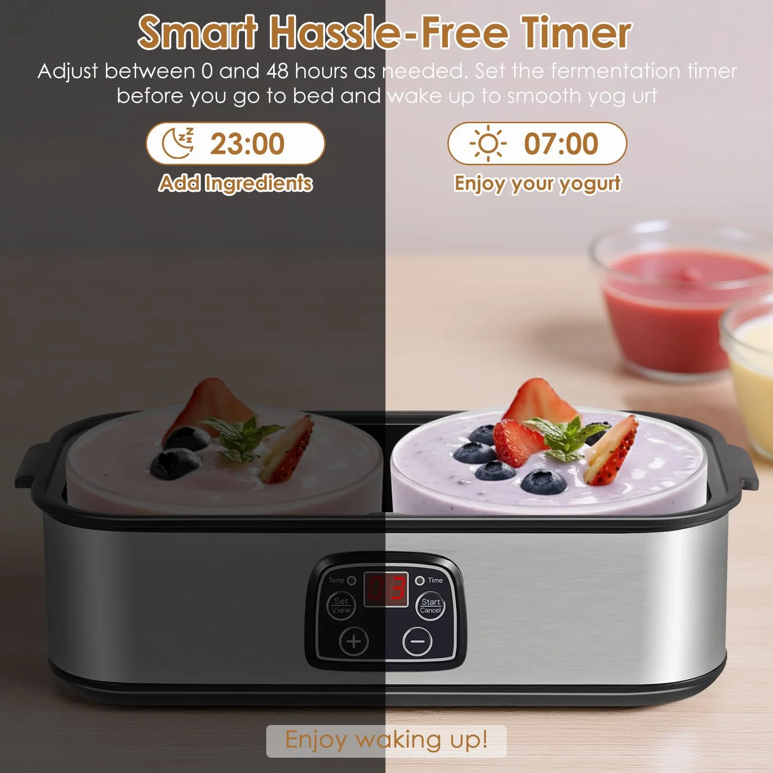 Yogurtera con pantalla LED y 2 recipientes de cristal de 1000 ml, con temperatura ajustable y temporizador, para yogurt, queso, natto, postres saludables