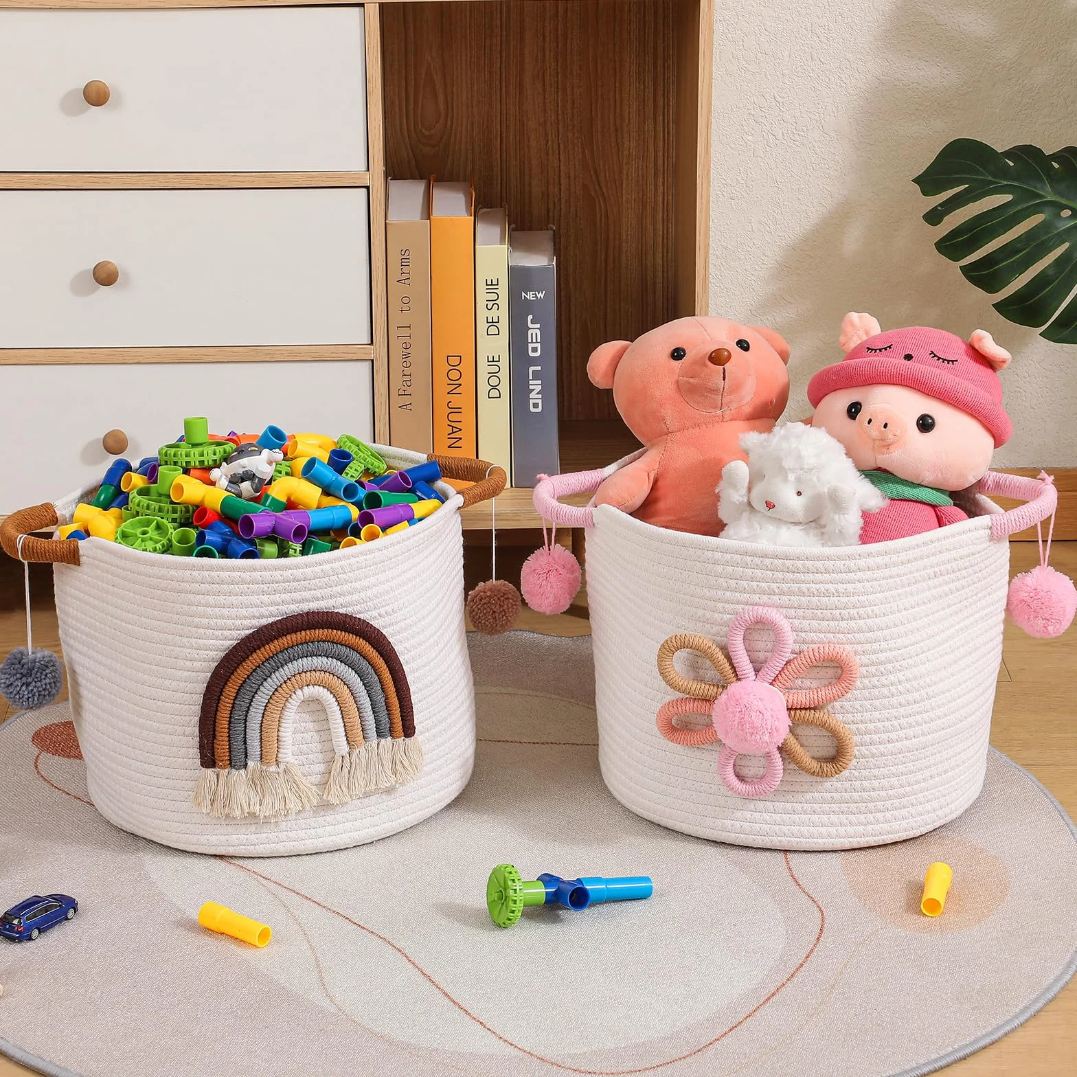 Cestas de Almacenamiento de Juguetes para Niños, Cesta de Cuerda de Algodón con Arcoíris 3D, Café