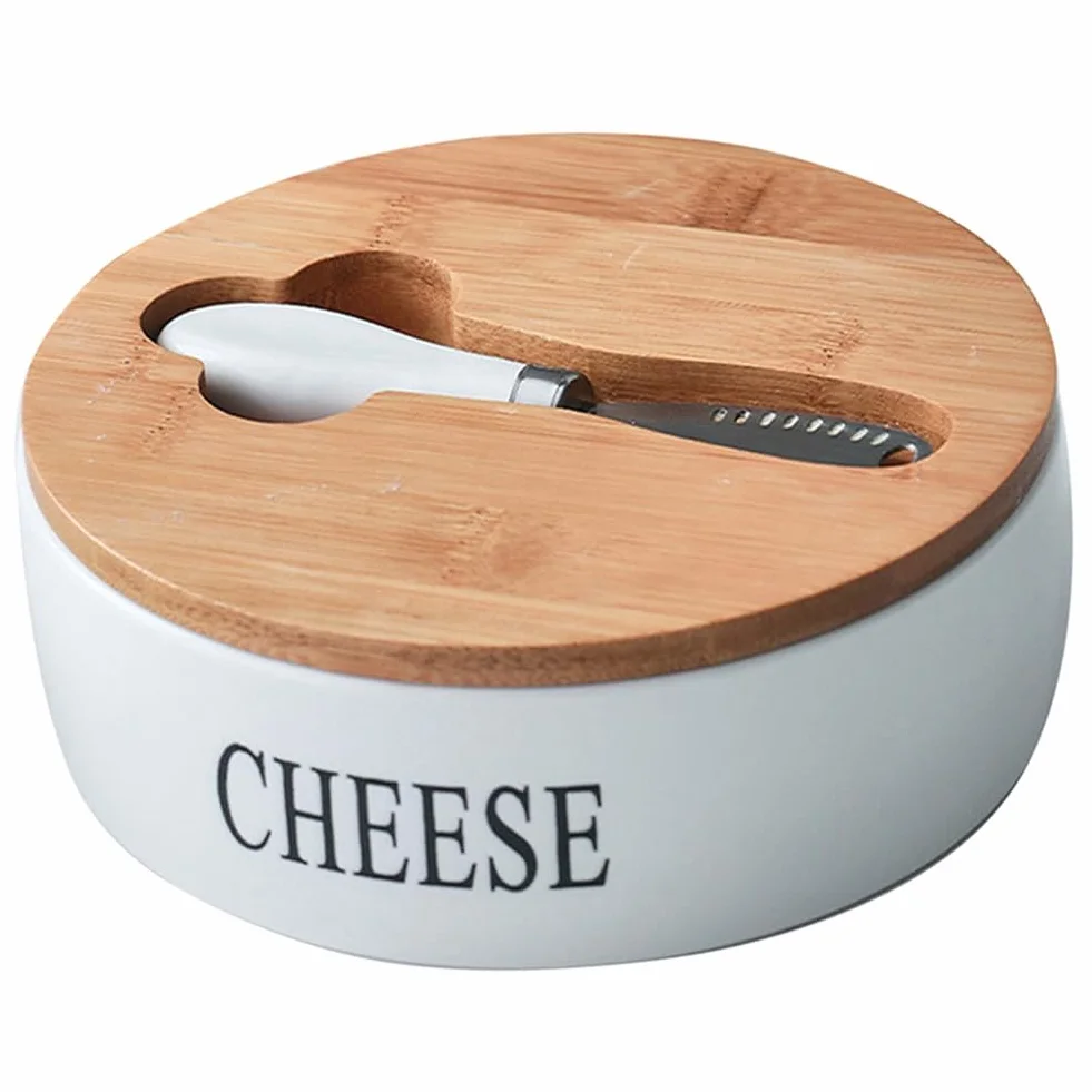 Caja de almacenamiento de queso de cerámica con tapa y cuchillos, perfecta para los amantes del queso, elegante decoración de cocina, ideal para fiestas y entretenimiento, mantiene el queso fresco y