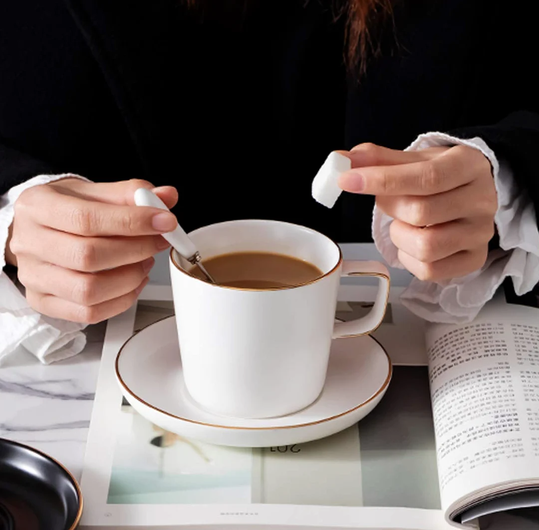Juego de tazas de café de porcelana mate con platillos, de lujo nórdico, borde dorado, taza de té de la tarde, taza de café con capuchino (250 ml, 2 tazas y 2 platillos)
