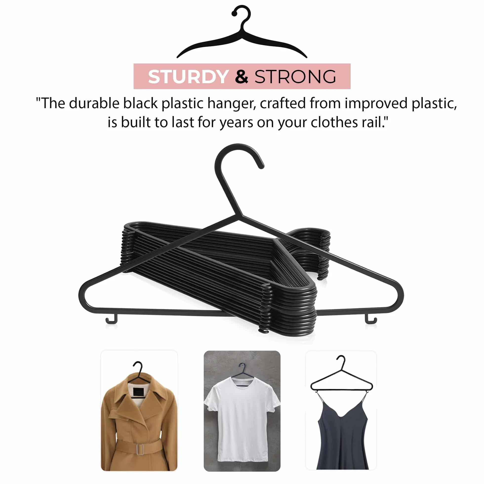 Roe Tenpo Perchas para Abrigos, Paquete de 25 Unidades, Color Negro, Perchas de plástico para Ropa para Adultos, duraderas y Ligeras, diseño Antideslizante Que Ahorra Espacio para Camisas, Chaquetas