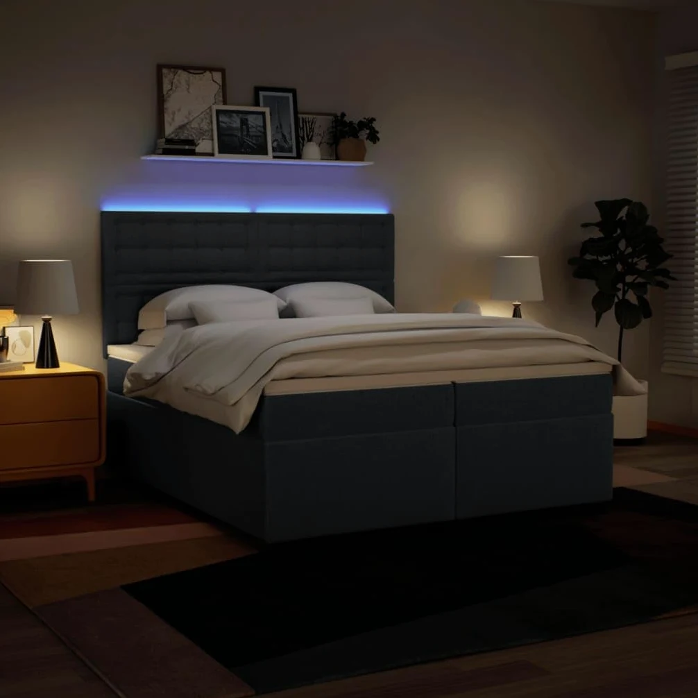 Cama con somier con colchón, azul, 200 x 200 cm, tela, cómoda cama tapizada con iluminación LED, cabecero regulable en altura y colchón de muelles ensacados para dormitorio