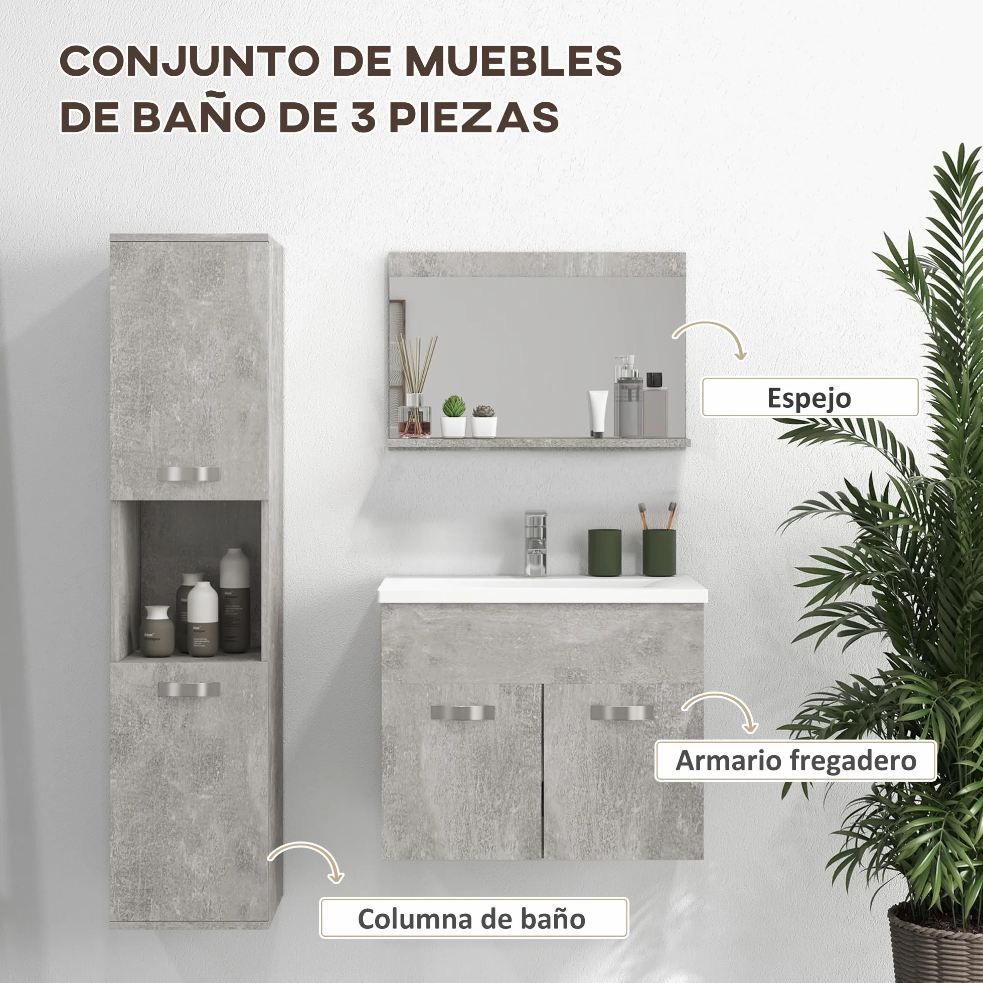 kleankin Conjunto de Muebles de Baño de Pared de 3 Piezas, Incluye Espejo, Mueble de Baño con Lavabo Cerámico, Armario Alto con Estantes Ajustables, Estilo Moderno, Gris