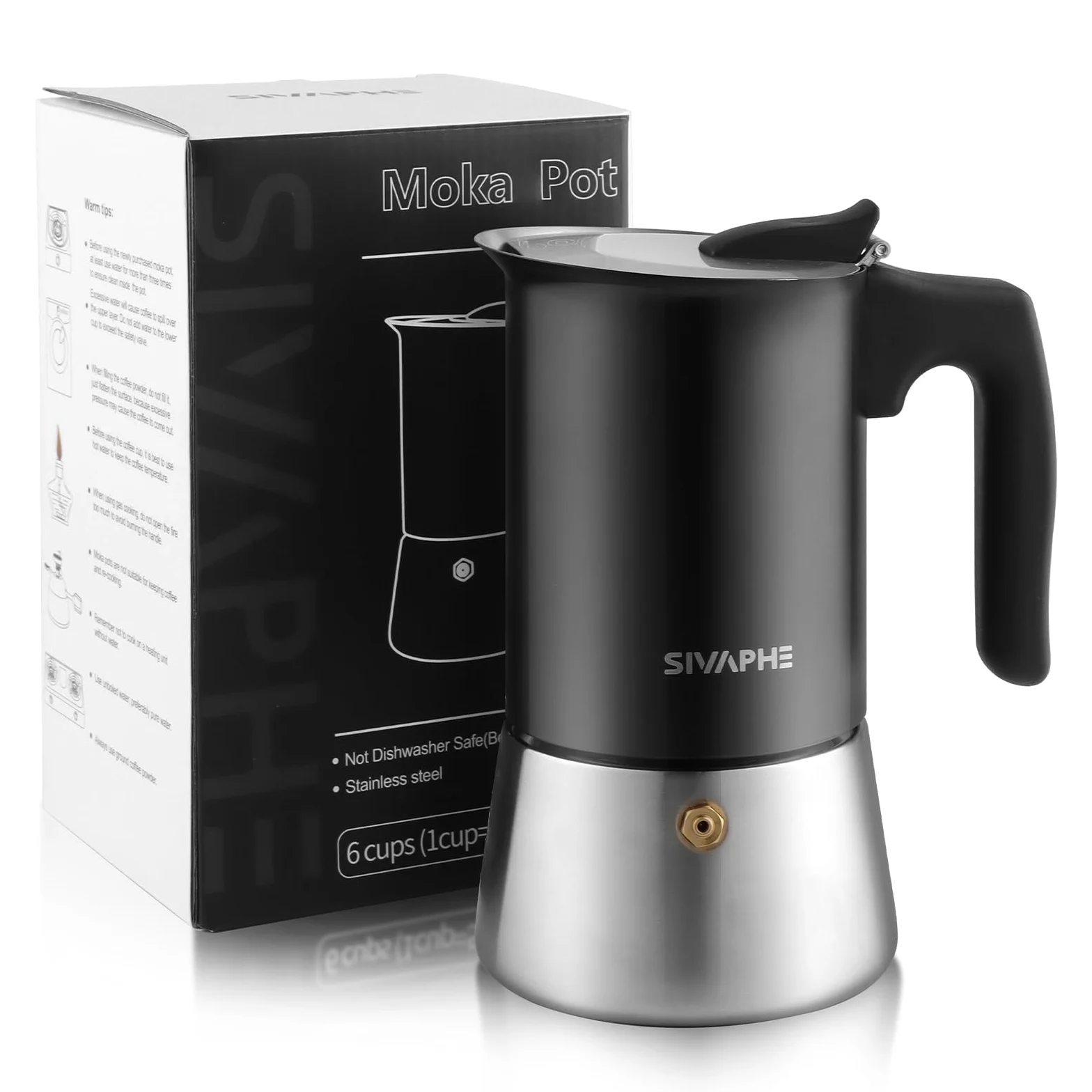 Sivaphe Cafetera de espresso de inducción, cocina de acero inoxidable, cafetera de espresso, cafetera moka, cafetera expreso sin aluminio, 6 tazas, 300 ml, color negro