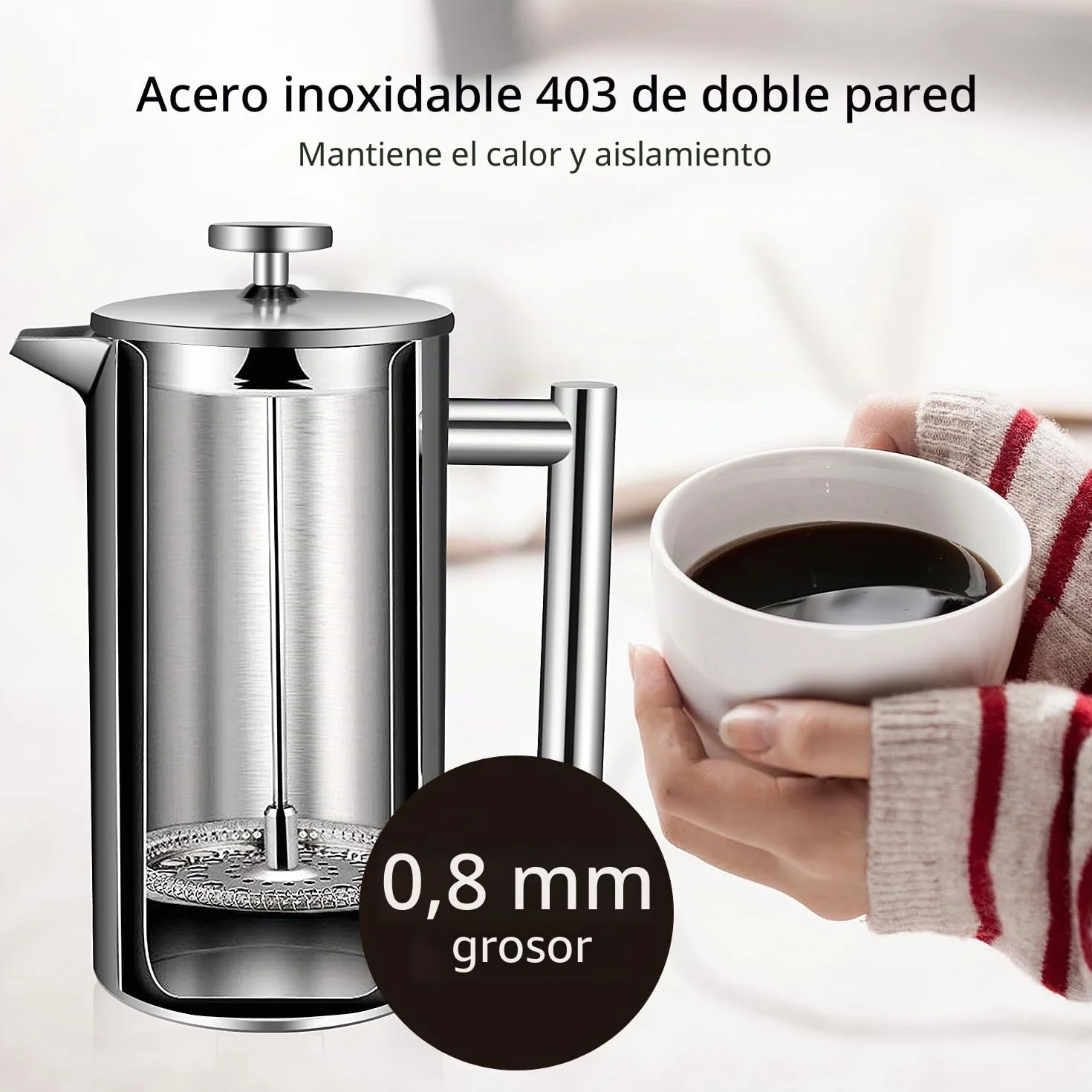 Cafetera de Émbolo Individual Prensa Francesa Acero Inoxidable 1L Plateado