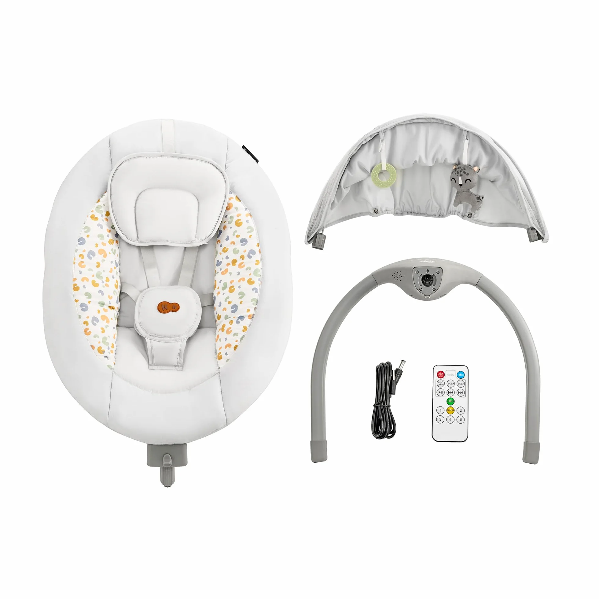 Kinderkraft Hamaca LUMI 2, Columpio eléctrico para bebés, Desde el nacimiento hasta los 9 meses, Altura regulable, 5 modos, 12 melodías, Arco con juguetes, Gris claro