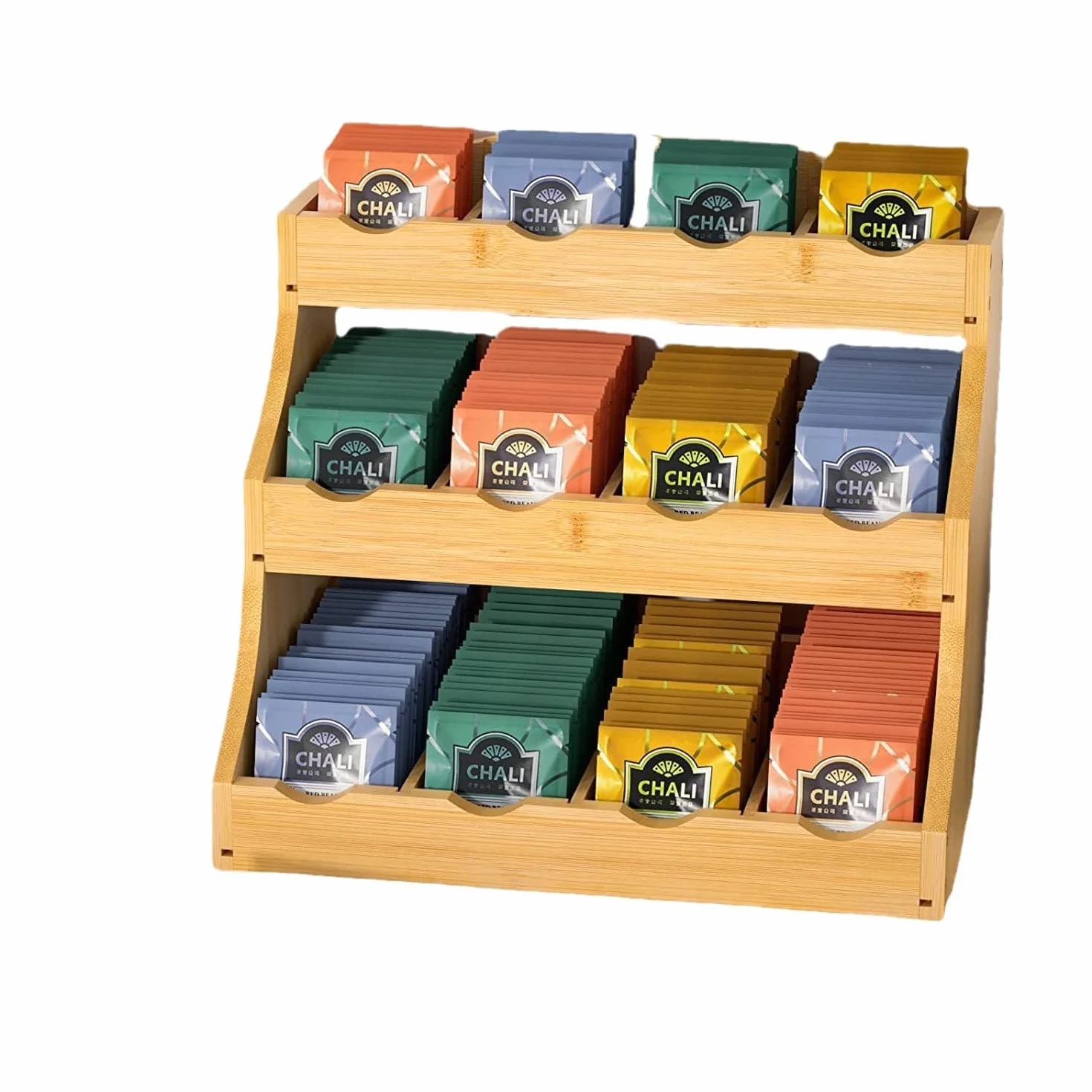 Organizador Infusiones Vertical y Bolsitas de Té, Organizador Bolsas de Té con 3 Niveles y 12 Compartimentos, Soporte Bolsitas de Tea de Bambú, Estante de Tea y Cápsulas de Café- 30x25x20cm