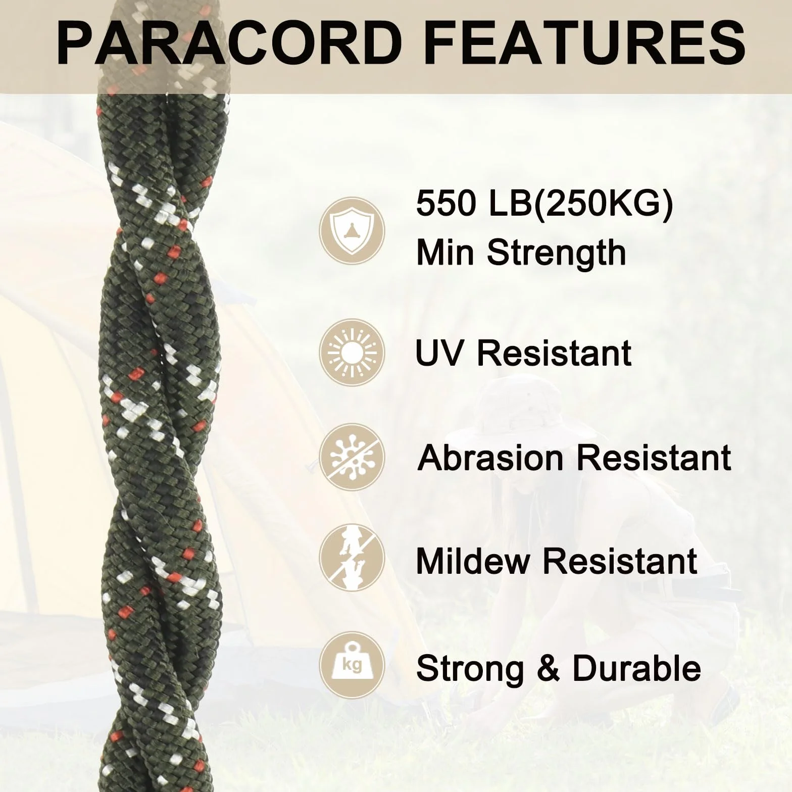 Cuerda Paracaídas 550 3 M, Nylon 4 Mm con Núcleo 7 Hebras, Negro Marrón