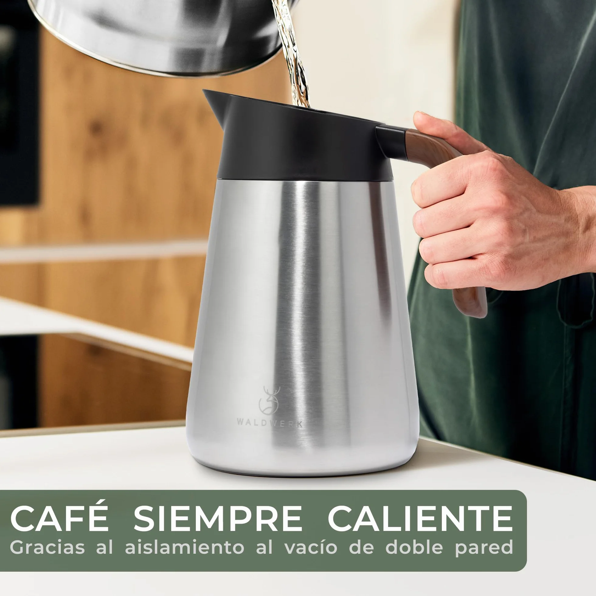 WALDWERK Jarra Termo (1,5 L) – Termos de café de acero inoxidable 304 de doble pared – Termo agua caliente con vertido antigoteo – Jarra termica para café