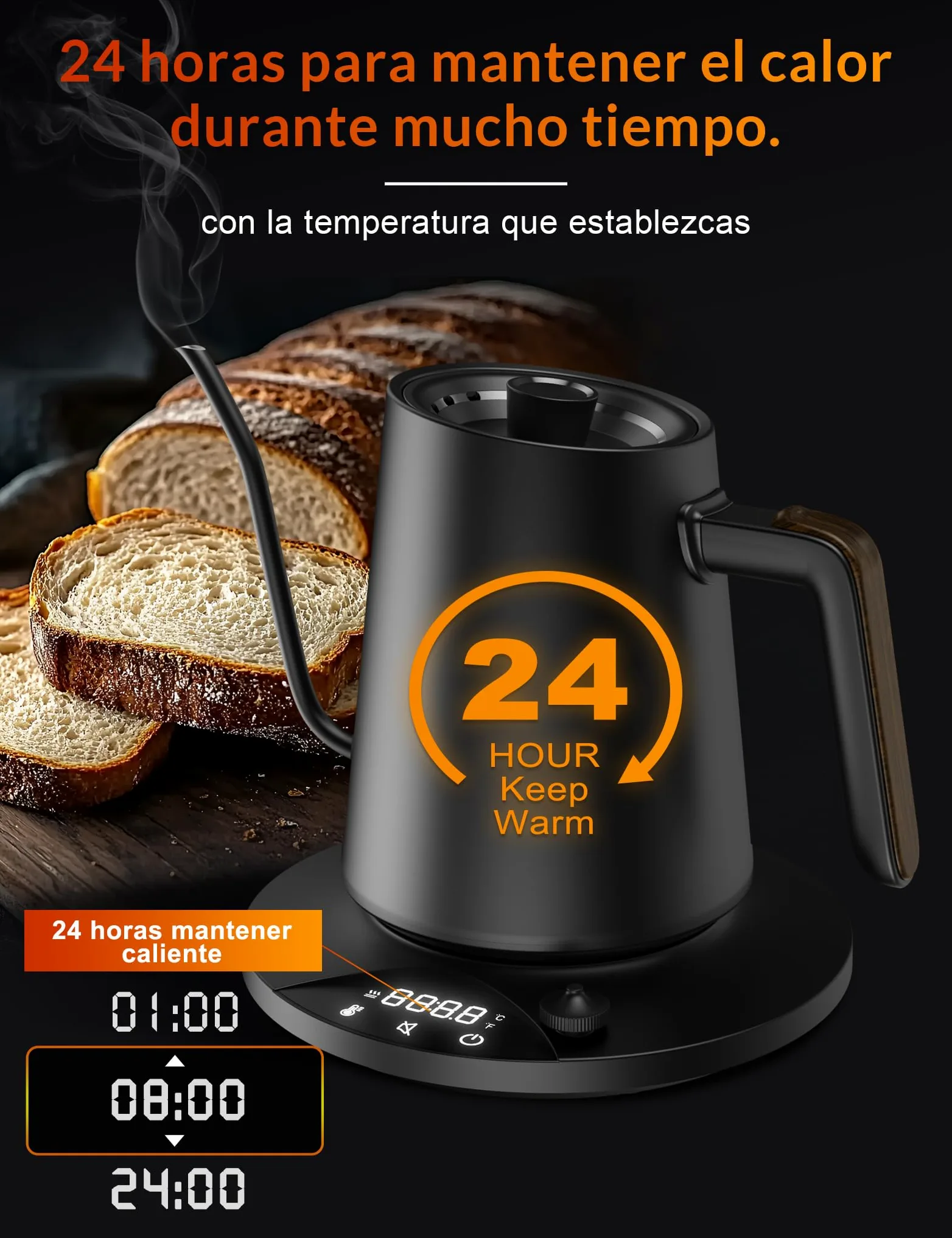 Hervidor de agua de acero inoxidable con ajuste de temperatura, hervidor de cuello de cisne, 24-horas tetera eléctrica con indicador de temperatura, hervidor de café, 0,9L, 1200W